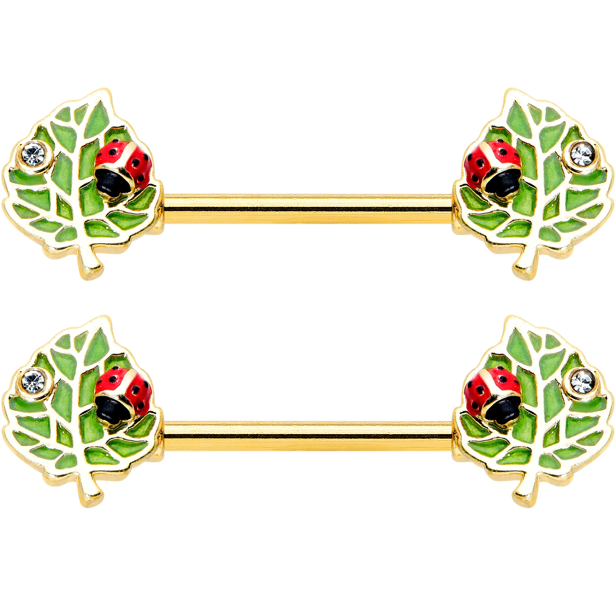 14G 9/16 Clear Gem Gold Hue Leafy Ladybug Barbell Nipple Ring Set - Image 2
