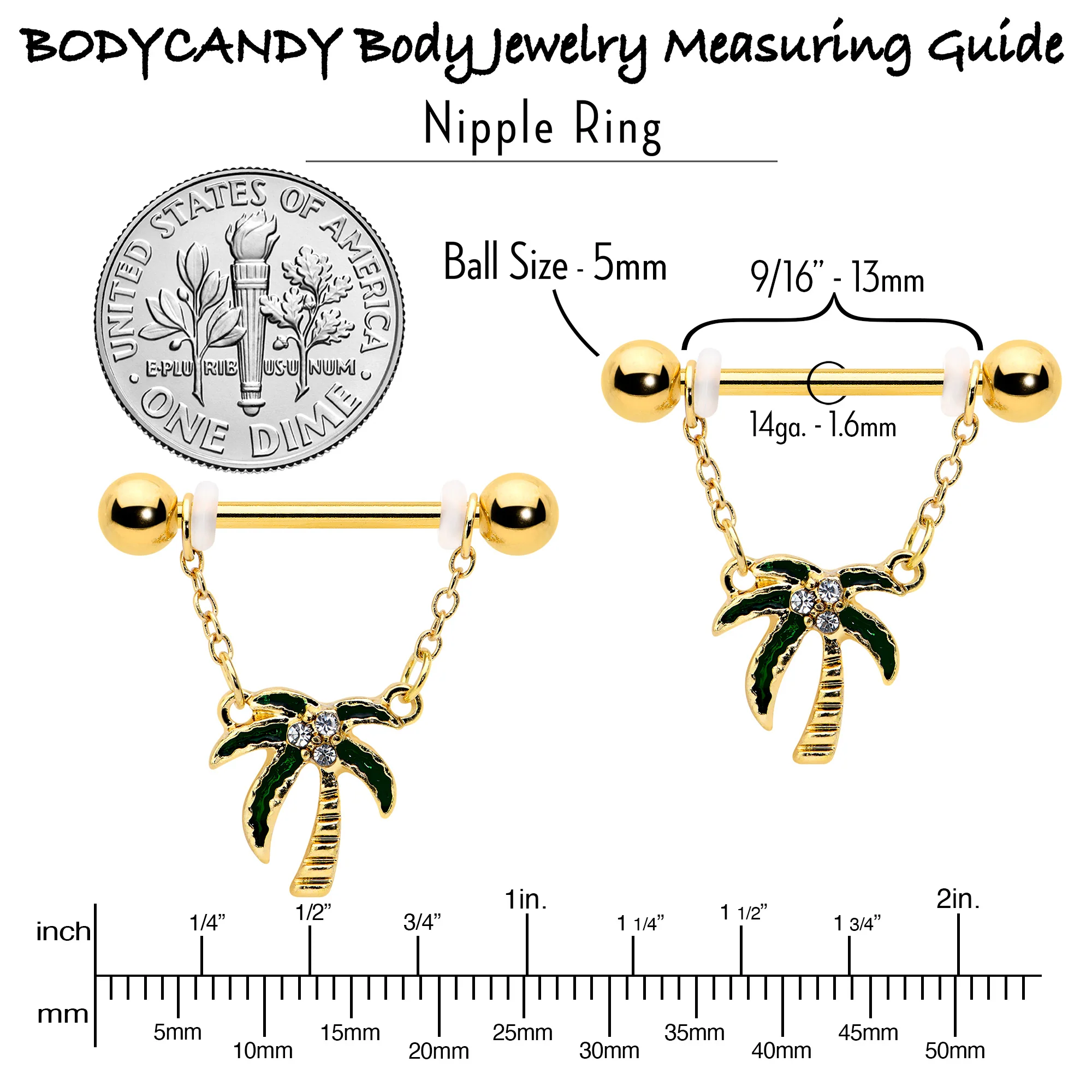 14G 9/16 Clear Gem Gold Hue Palm Tree Style Dangle Nipple Ring Set - Image 6
