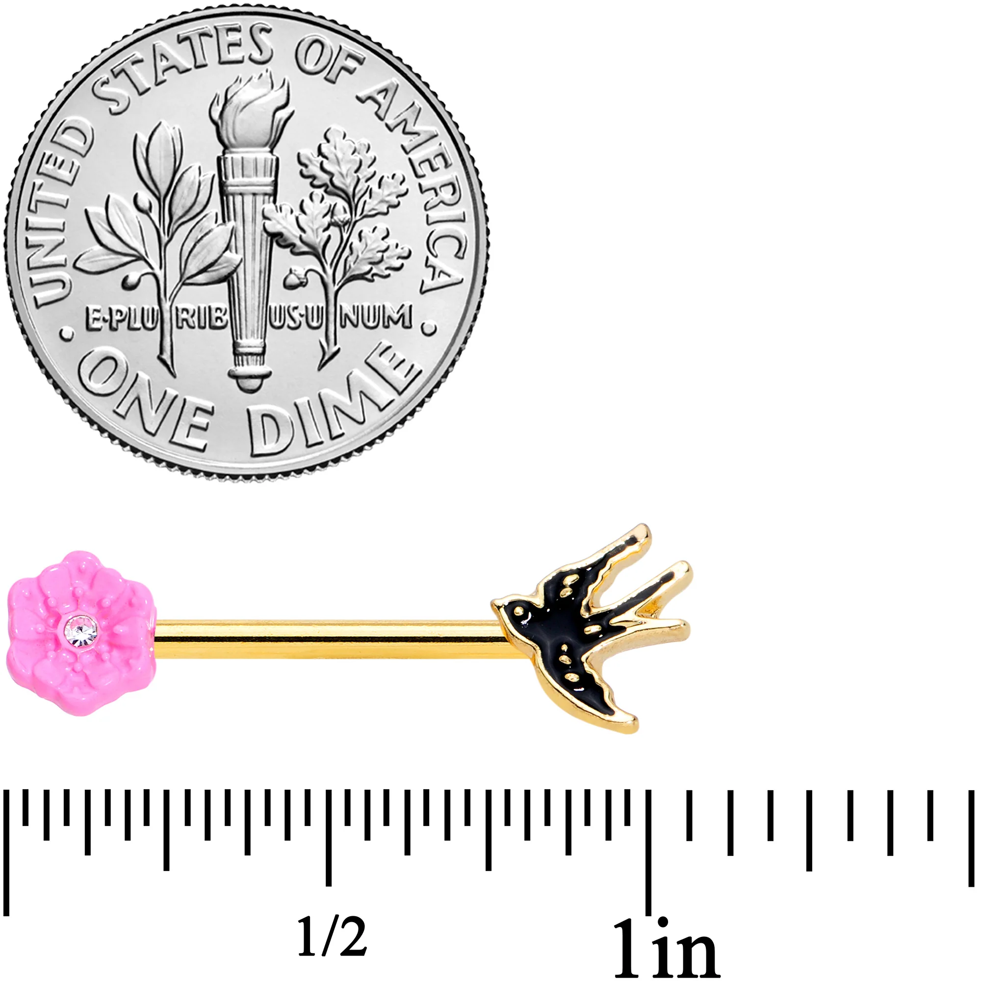 14G 9/16 Clear Gem Gold Hue Tattoo Bird Flower Nipple Ring Set - Image 2
