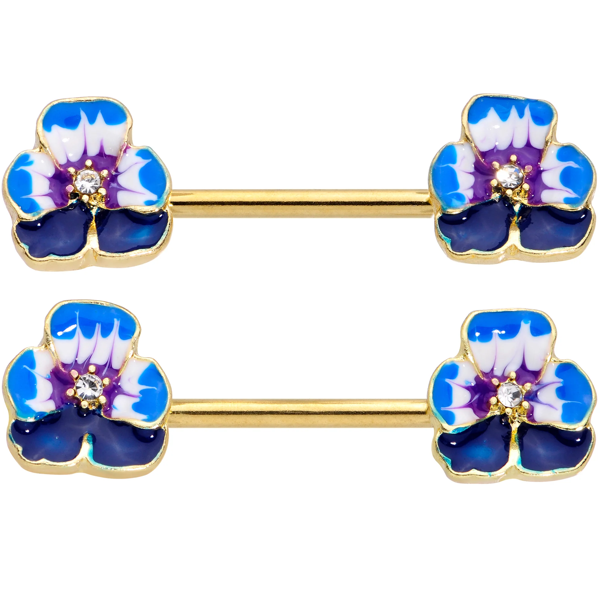 14G 9/16 Clear Gem Gold Tone Blue Spring Flower Nipple Ring Set - Image 3
