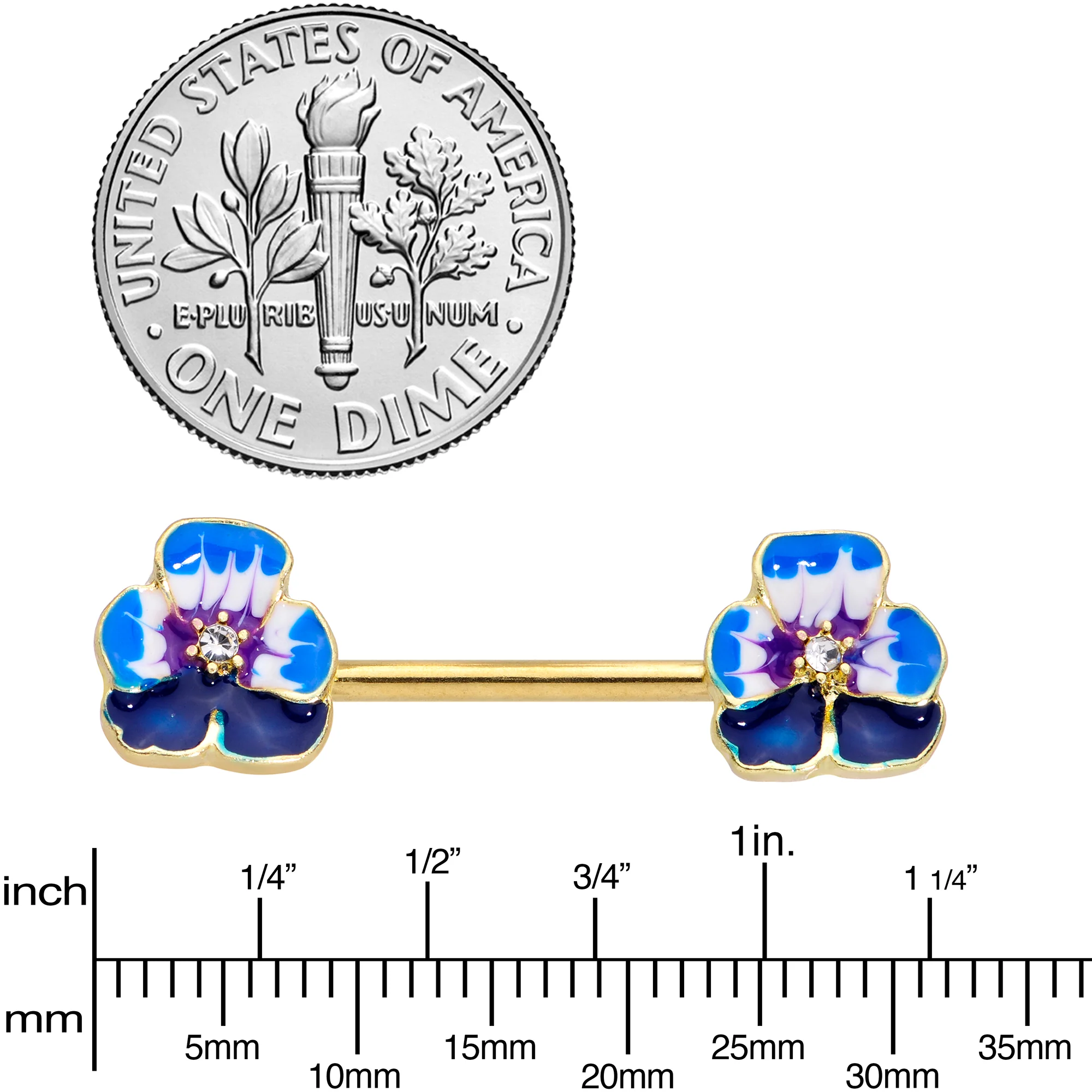 14G 9/16 Clear Gem Gold Tone Blue Spring Flower Nipple Ring Set - Image 4