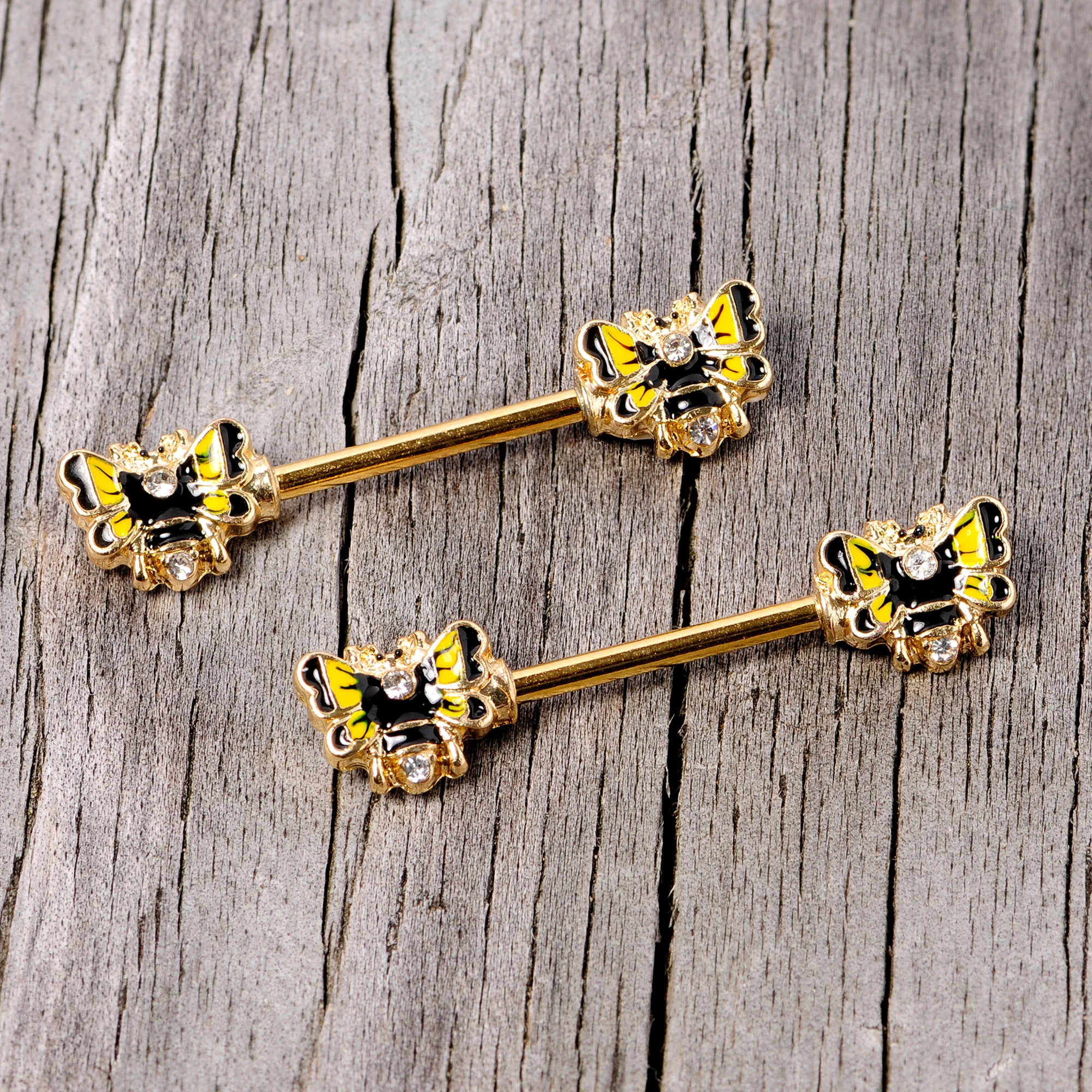 14G 9/16 Clear Gem Gold Tone Butterfly Barbell Nipple Ring Set - Image 3