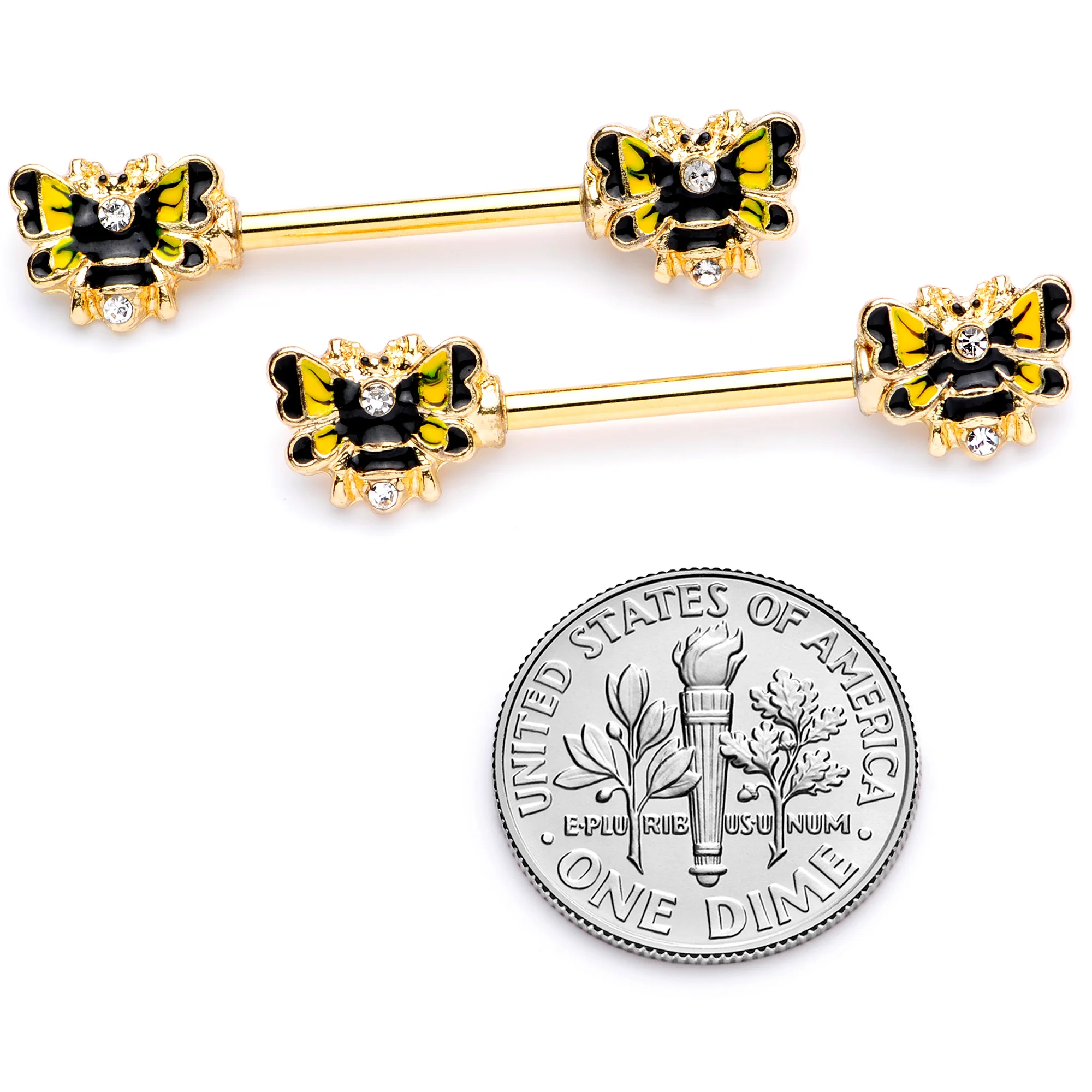 14G 9/16 Clear Gem Gold Tone Butterfly Barbell Nipple Ring Set - Image 4
