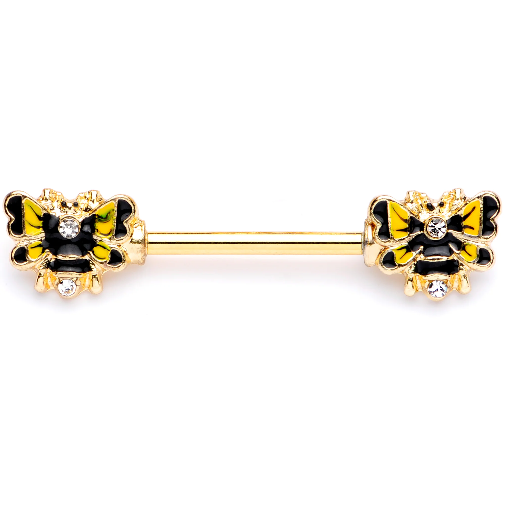 14G 9/16 Clear Gem Gold Tone Butterfly Barbell Nipple Ring Set - Image 5