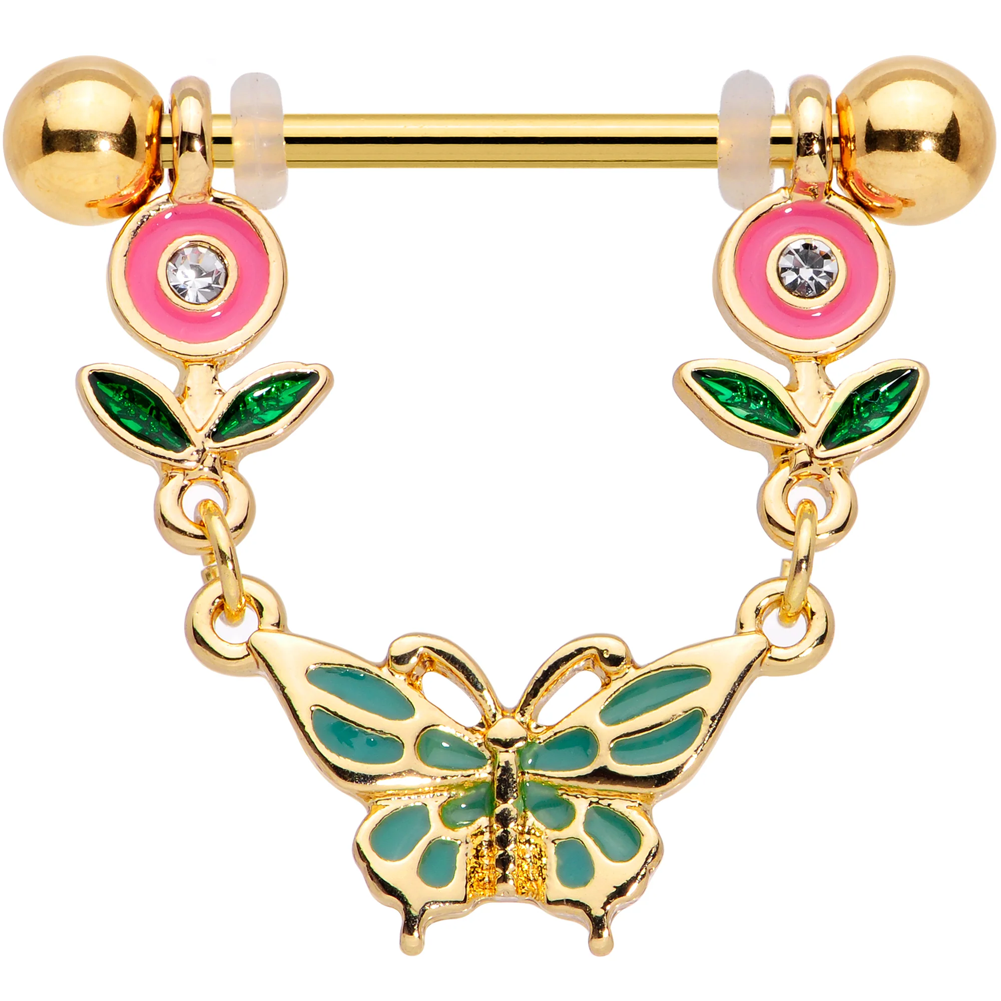 14G 9/16 Clear Gem Gold Tone Butterfly Flower Nipple Ring Set - Image 3