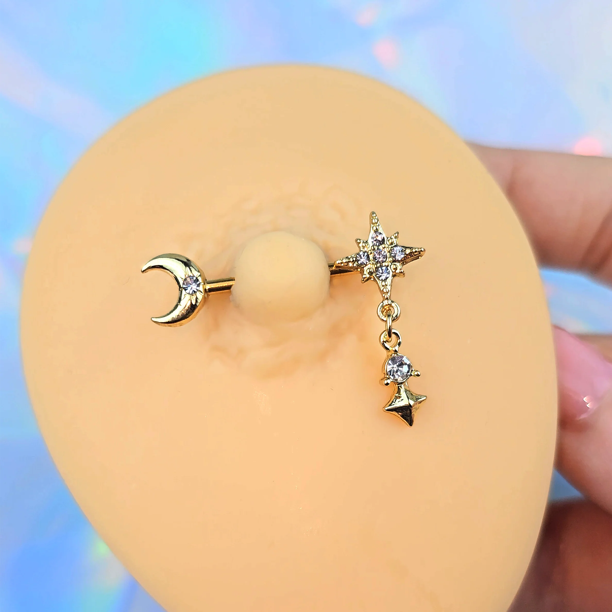 14G 9/16 Clear Gem Gold Tone Celestial Glam Dangle Nipple Ring Set - Image 2