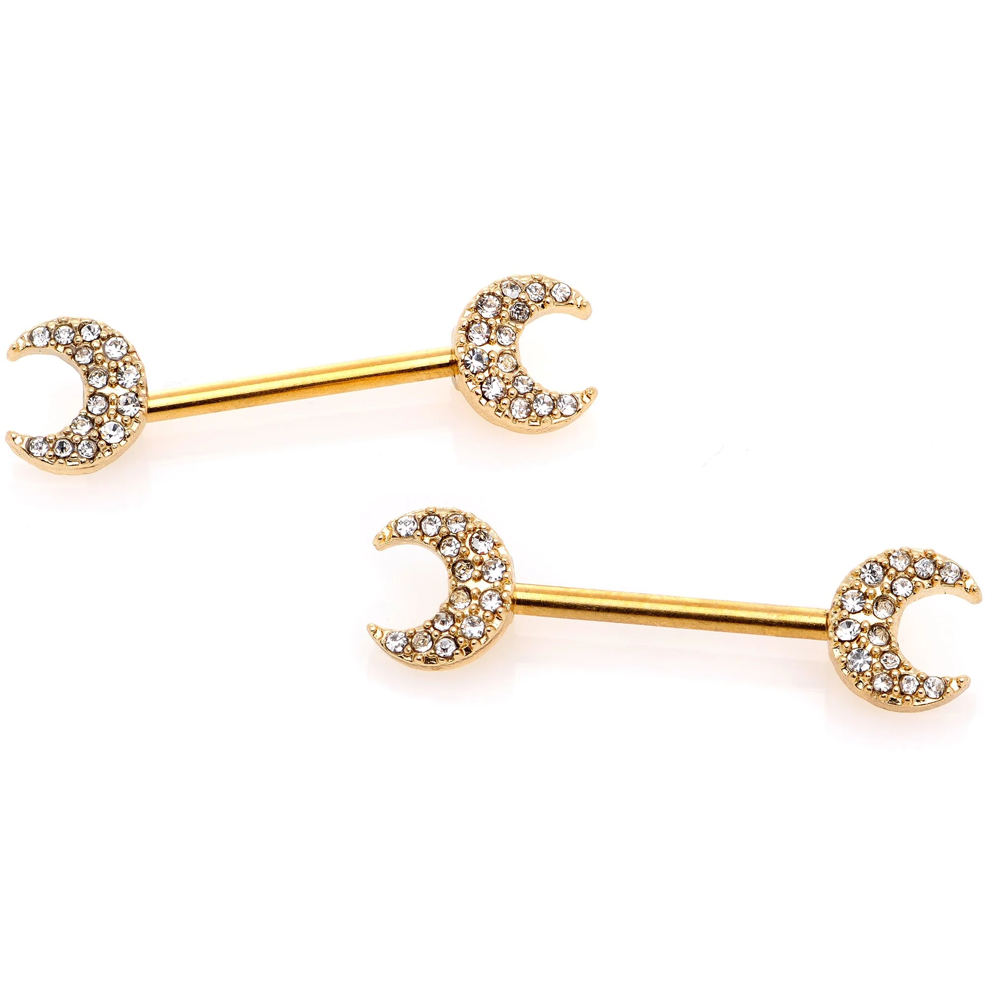 14G 9/16 Clear Gem Gold Tone Crescent Moon Barbell Nipple Ring Set - Image 3