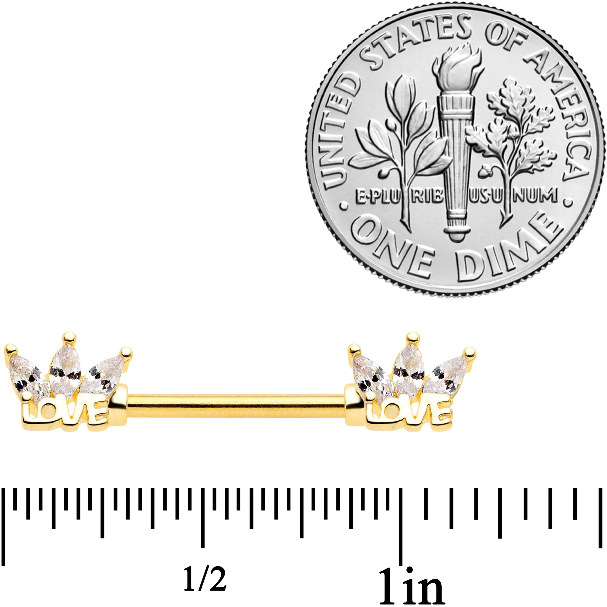 14G 9/16 Clear Gem Gold Tone Crown of Love Barbell Nipple Ring Set - Image 2