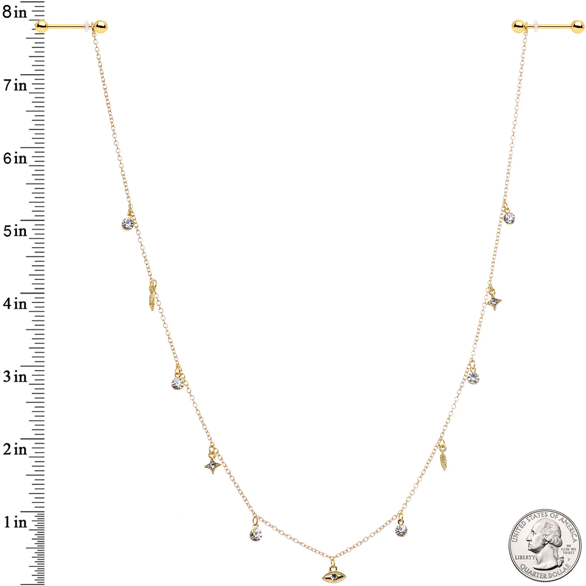 14G 9/16 Clear Gem Gold Tone Eye Star Feather Dangle Nipple Chain - Image 3