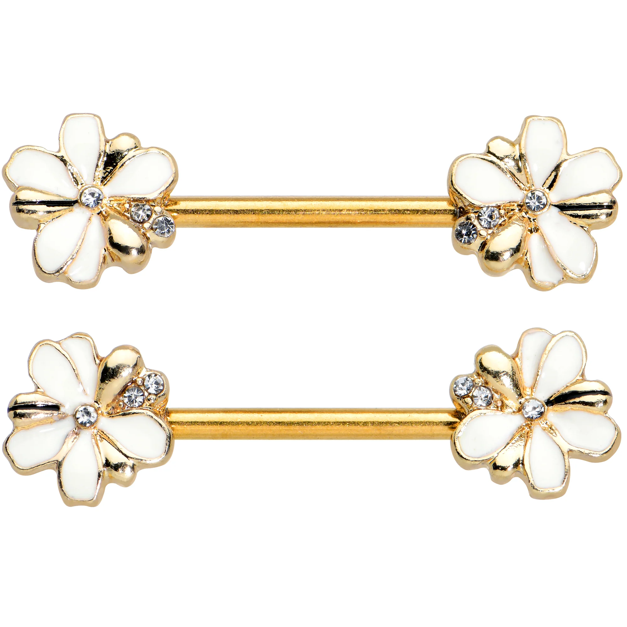 14G 9/16 Clear Gem Gold Tone Feeding Bee Barbell Nipple Ring Set - Image 2