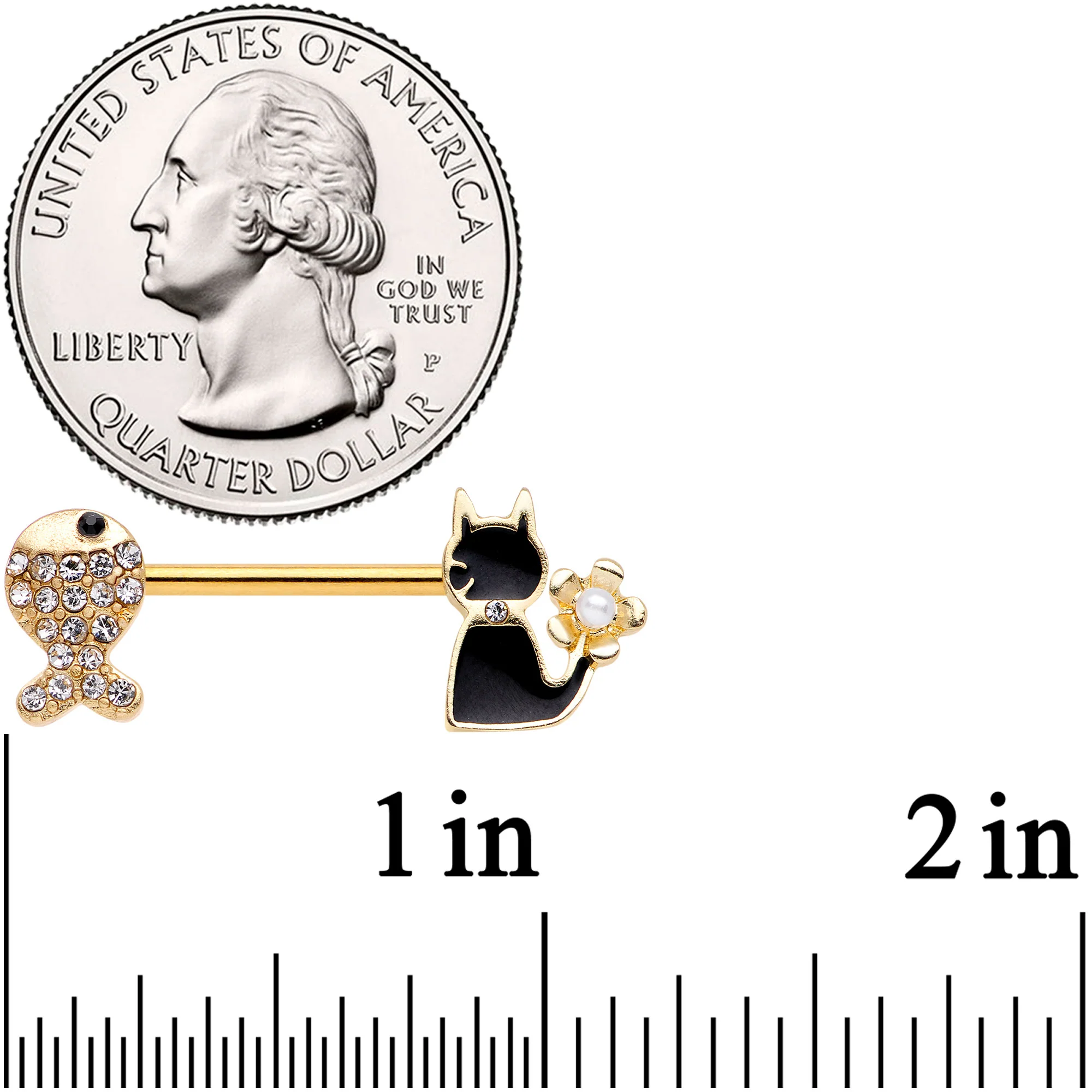14G 9/16 Clear Gem Gold Tone Fish Black Cat Barbell Nipple Ring Set - Image 2