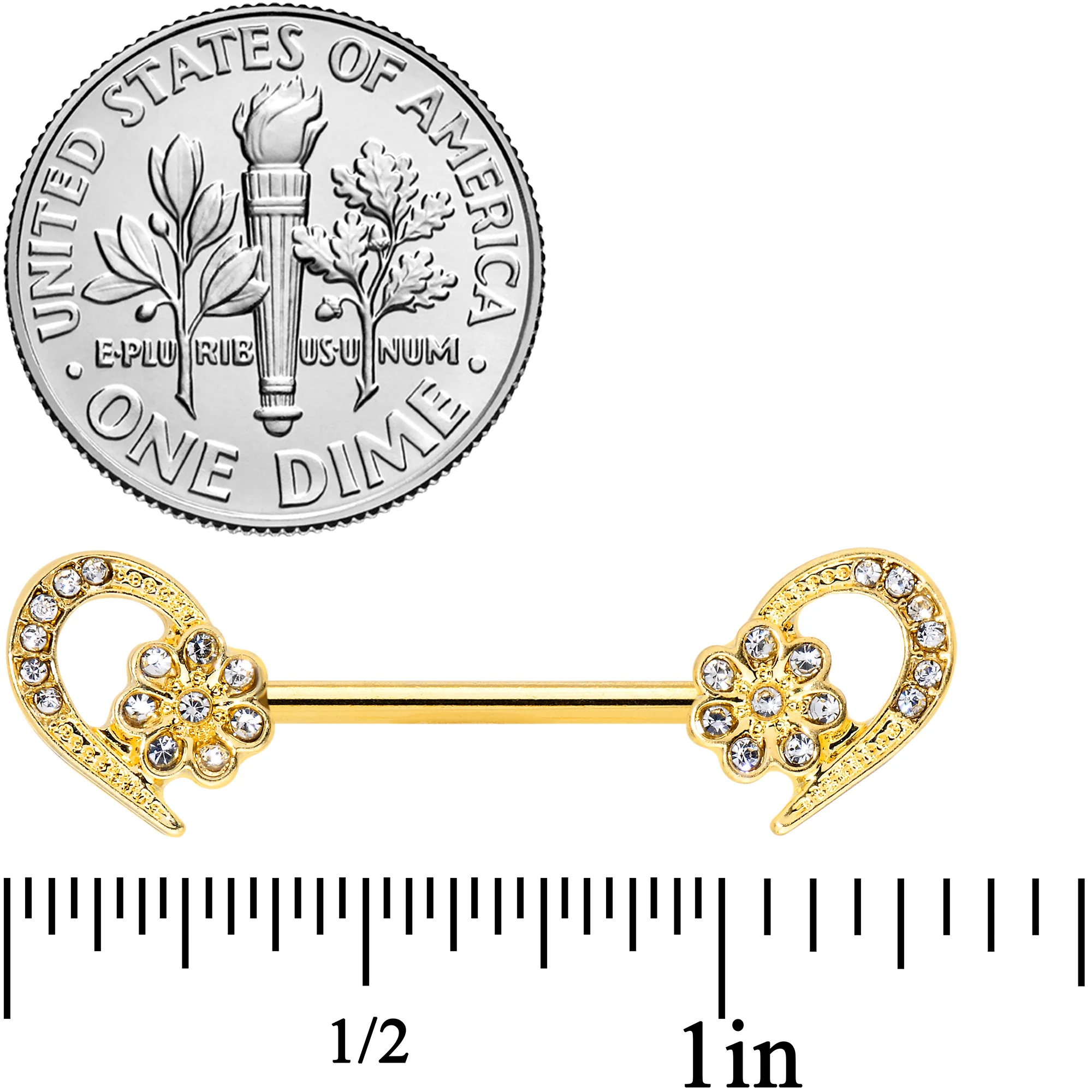 14G 9/16 Clear Gem Gold Tone Flower Heart Barbell Nipple Ring Set - Image 2