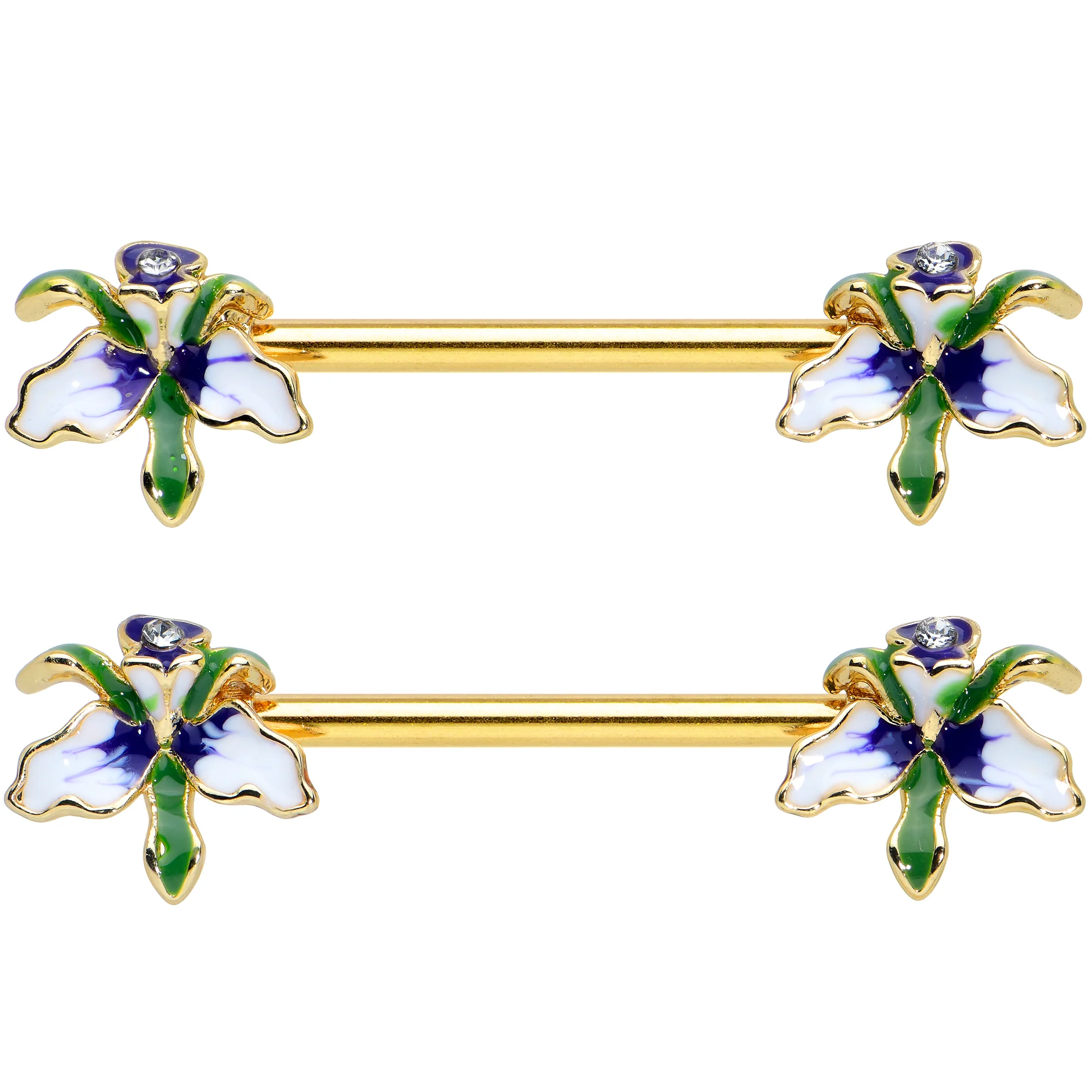 14G 9/16 Clear Gem Gold Tone Iris Flower Barbell Nipple Ring Set - Image 2