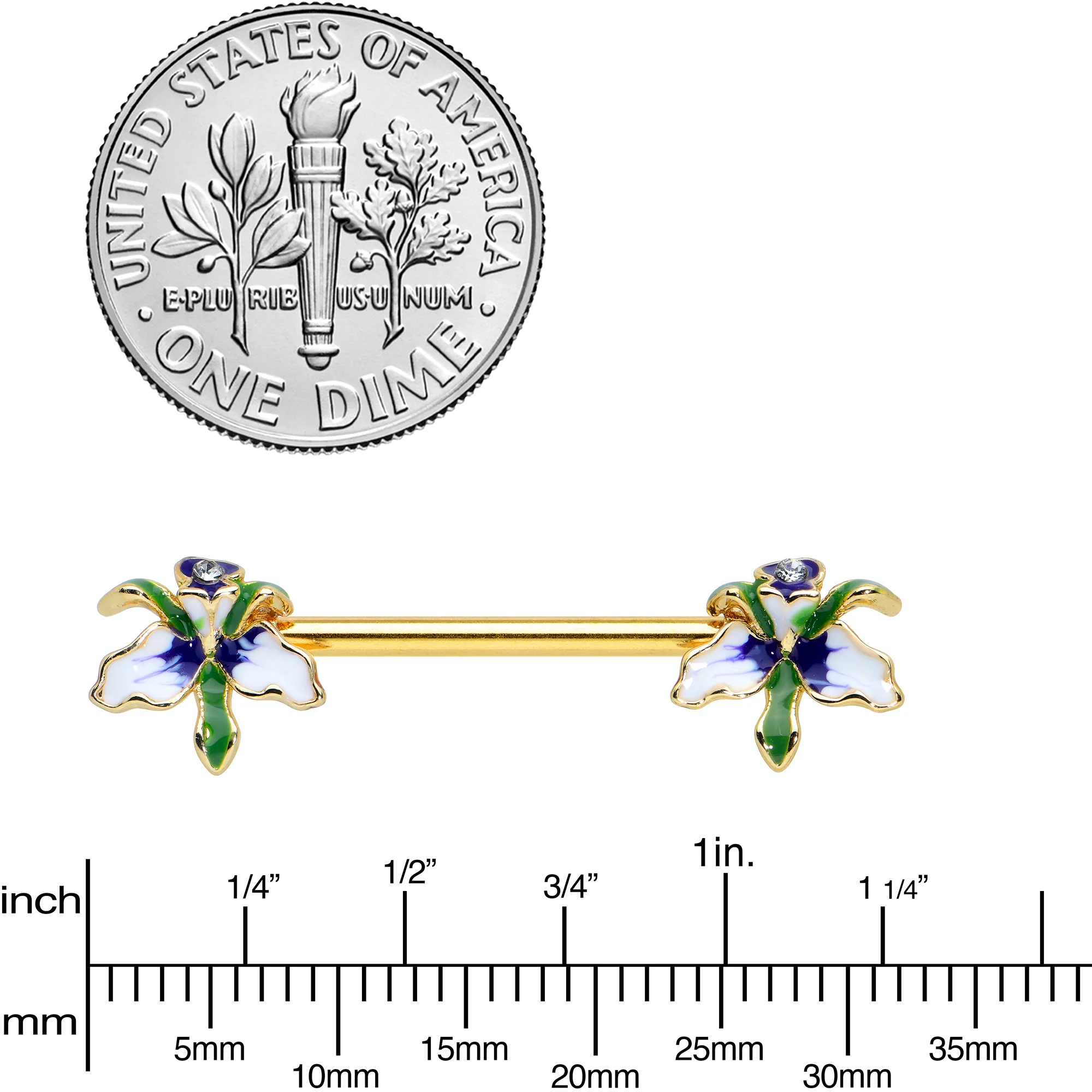 14G 9/16 Clear Gem Gold Tone Iris Flower Barbell Nipple Ring Set - Image 3