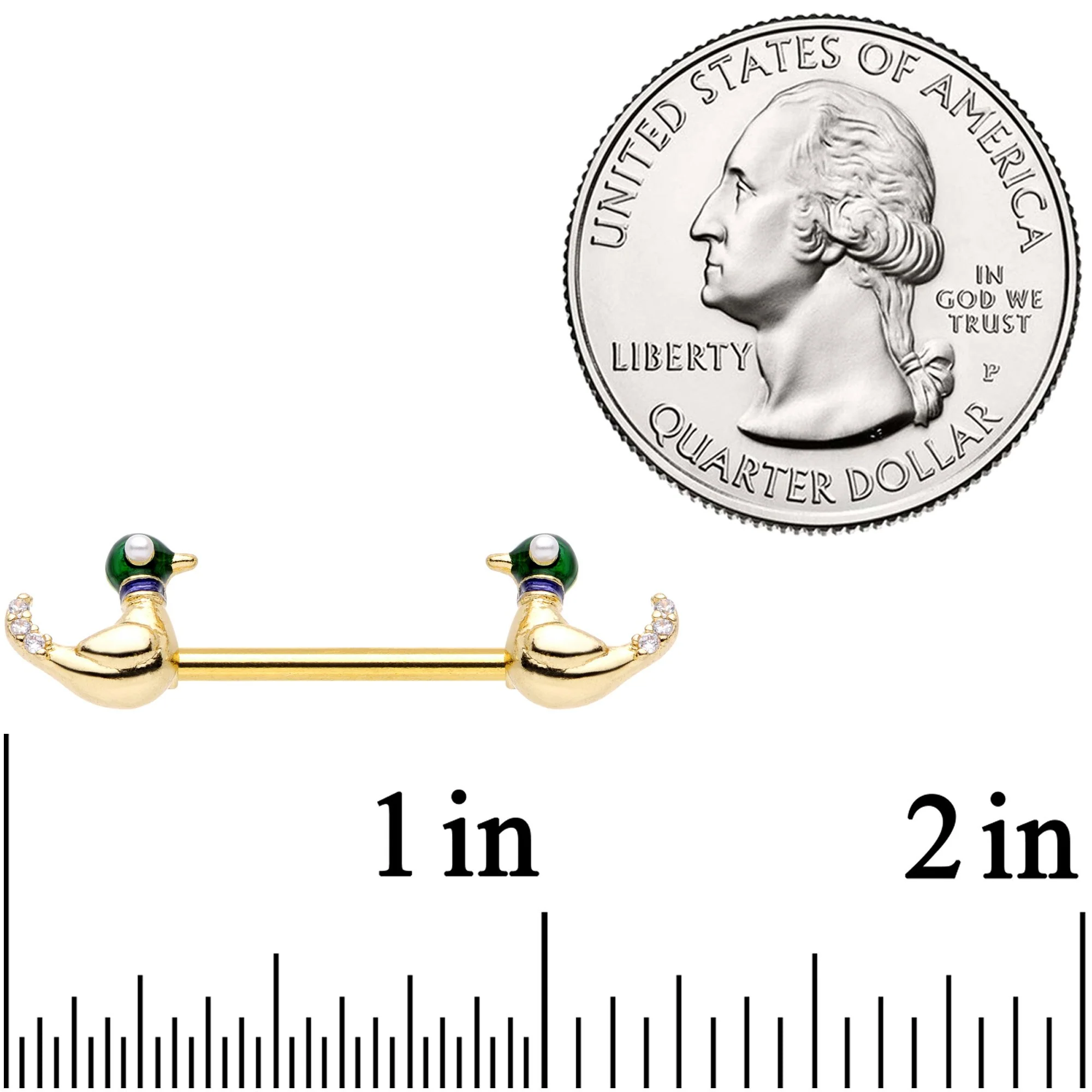 14G 9/16 Clear Gem Gold Tone Just Ducky Barbell Nipple Ring Set - Image 2