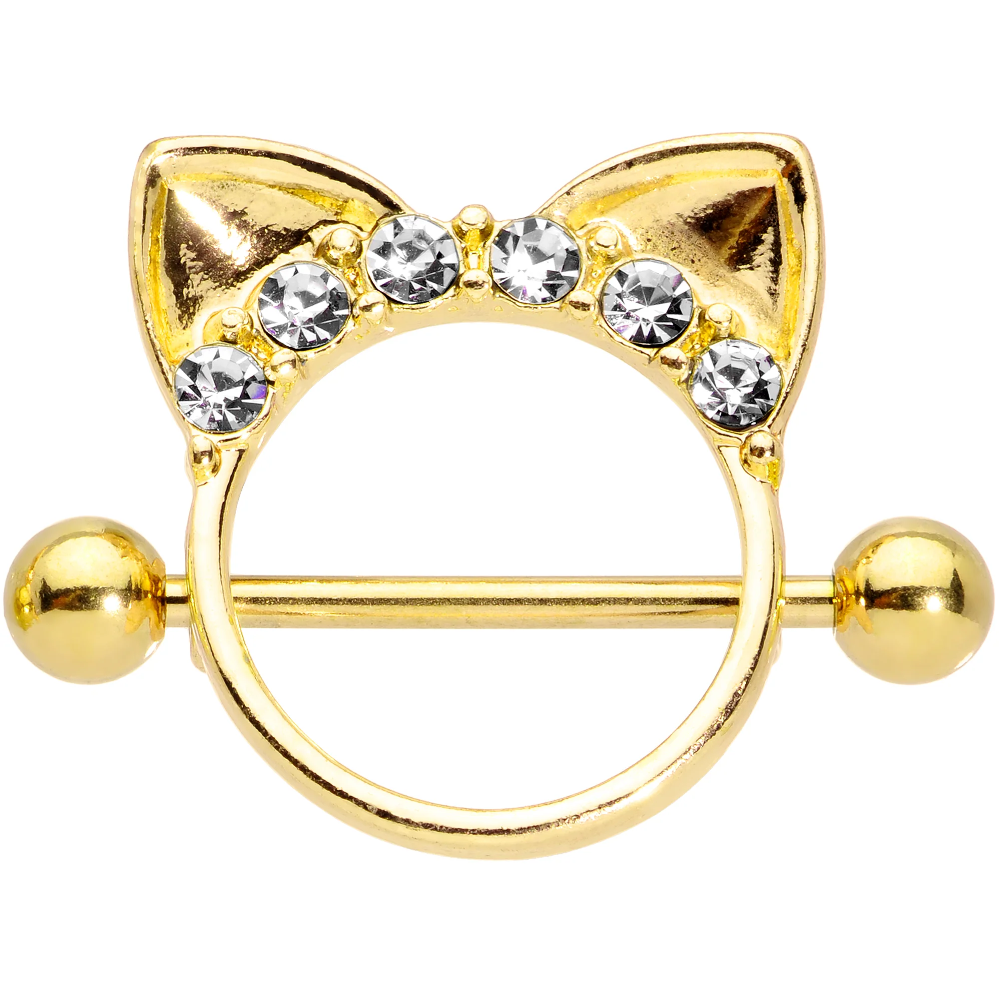 14G 9/16 Clear Gem Gold Tone Kitty Cat Ears Nipple Shield Set - Image 3