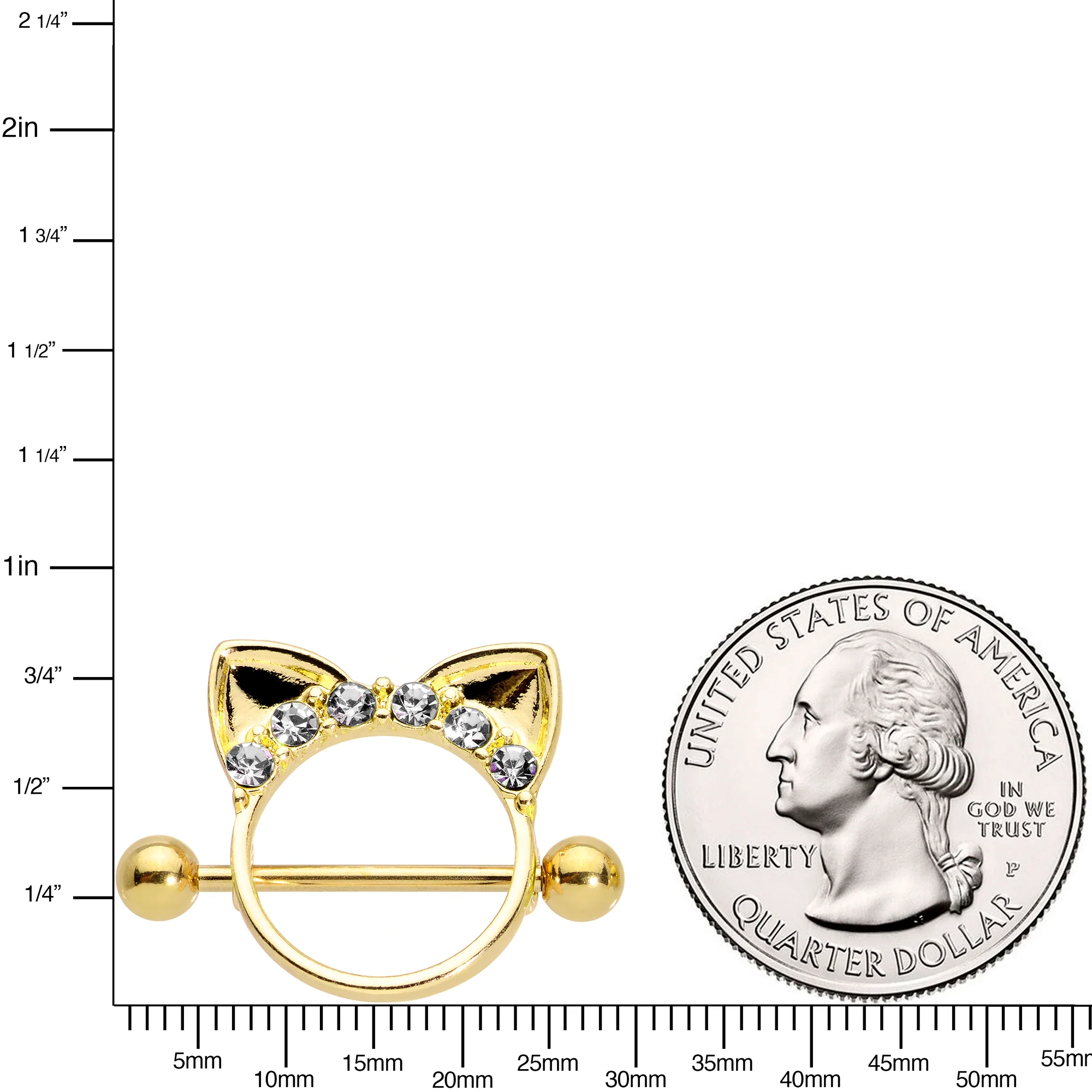 14G 9/16 Clear Gem Gold Tone Kitty Cat Ears Nipple Shield Set - Image 4
