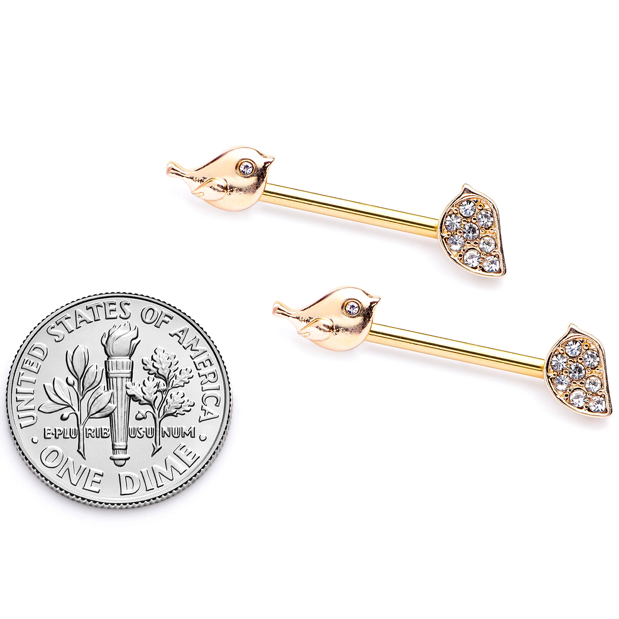 14G 9/16 Clear Gem Gold Tone Little Birds Barbell Nipple Ring Set - Image 5