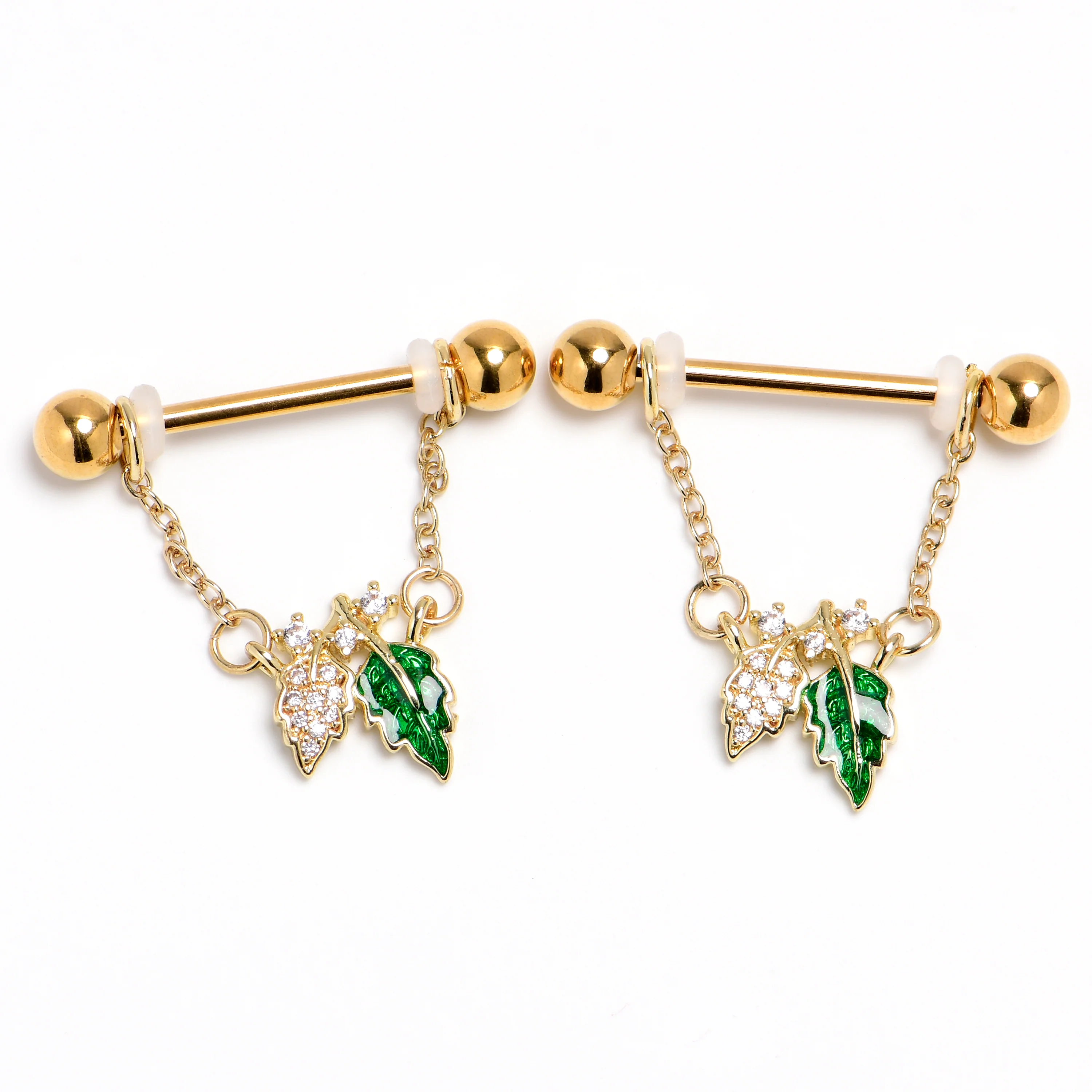 14G 9/16 Clear Gem Gold Tone Natures Glamour Dangle Nipple Ring Set