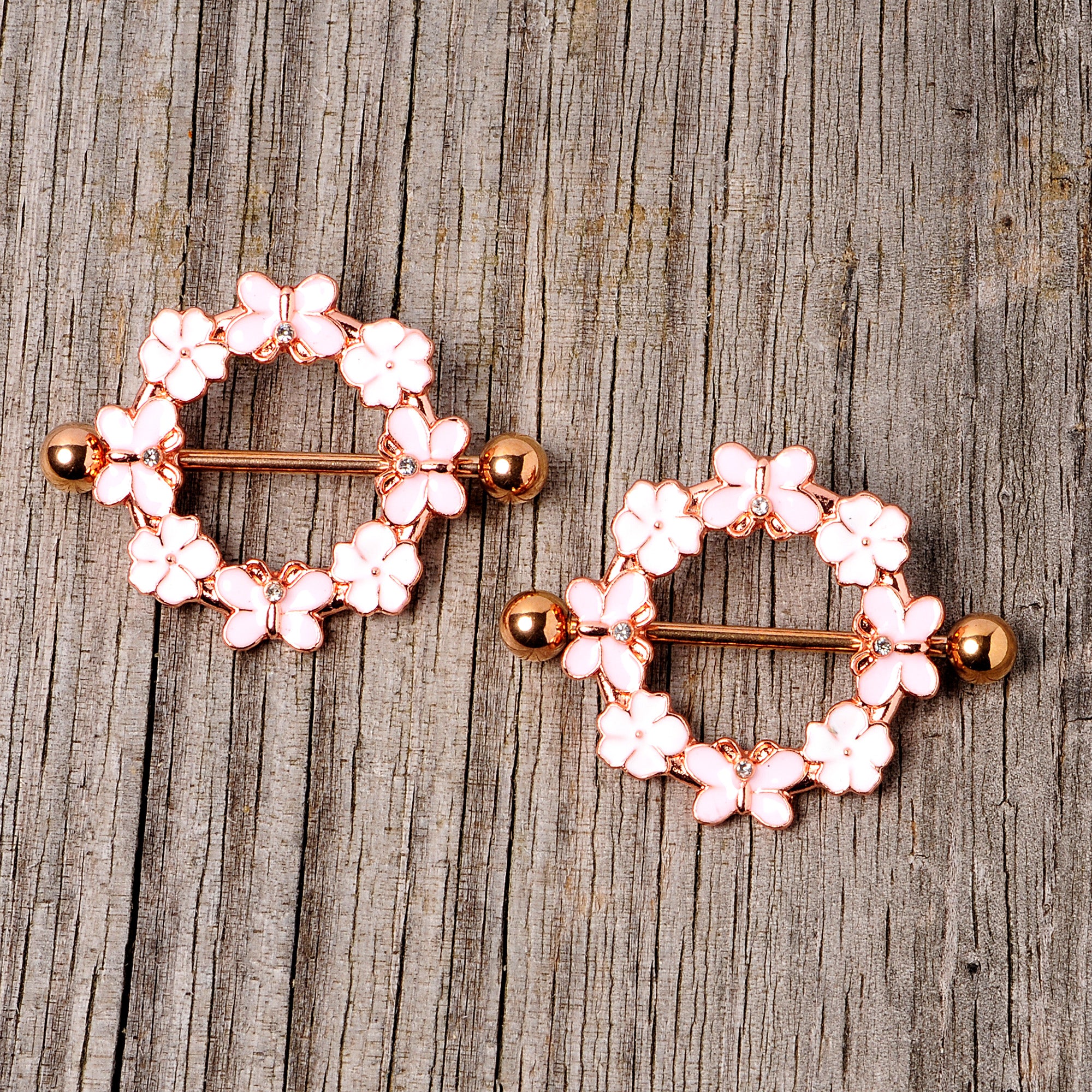 14G 9/16 Clear Gem Gold Tone Pink Butterfly Nipple Shield Set - Image 4