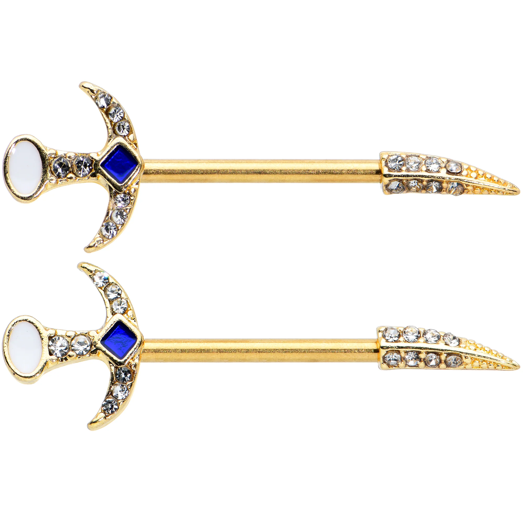 14G 9/16 Clear Gem Gold Tone Sabre Sword Barbell Nipple Ring Set - Image 2