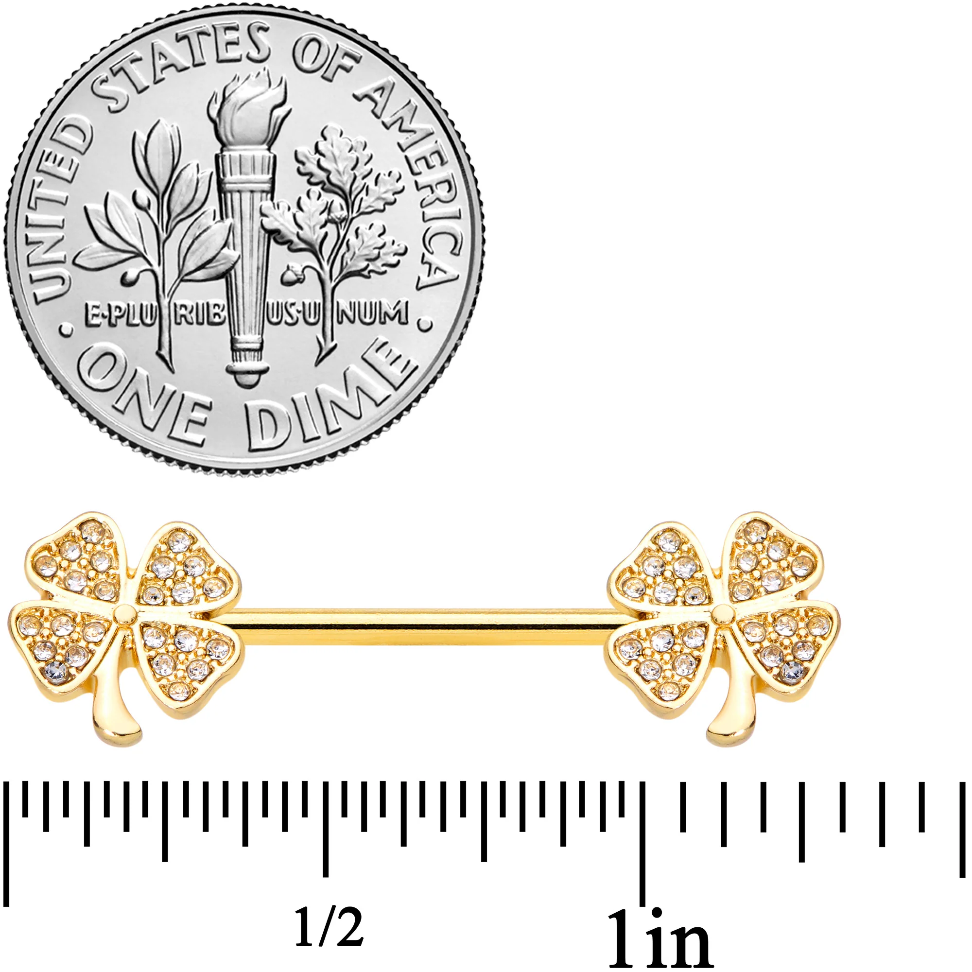 14G 9/16 Clear Gem Gold Tone Shamrock Barbell Nipple Ring Set - Image 2