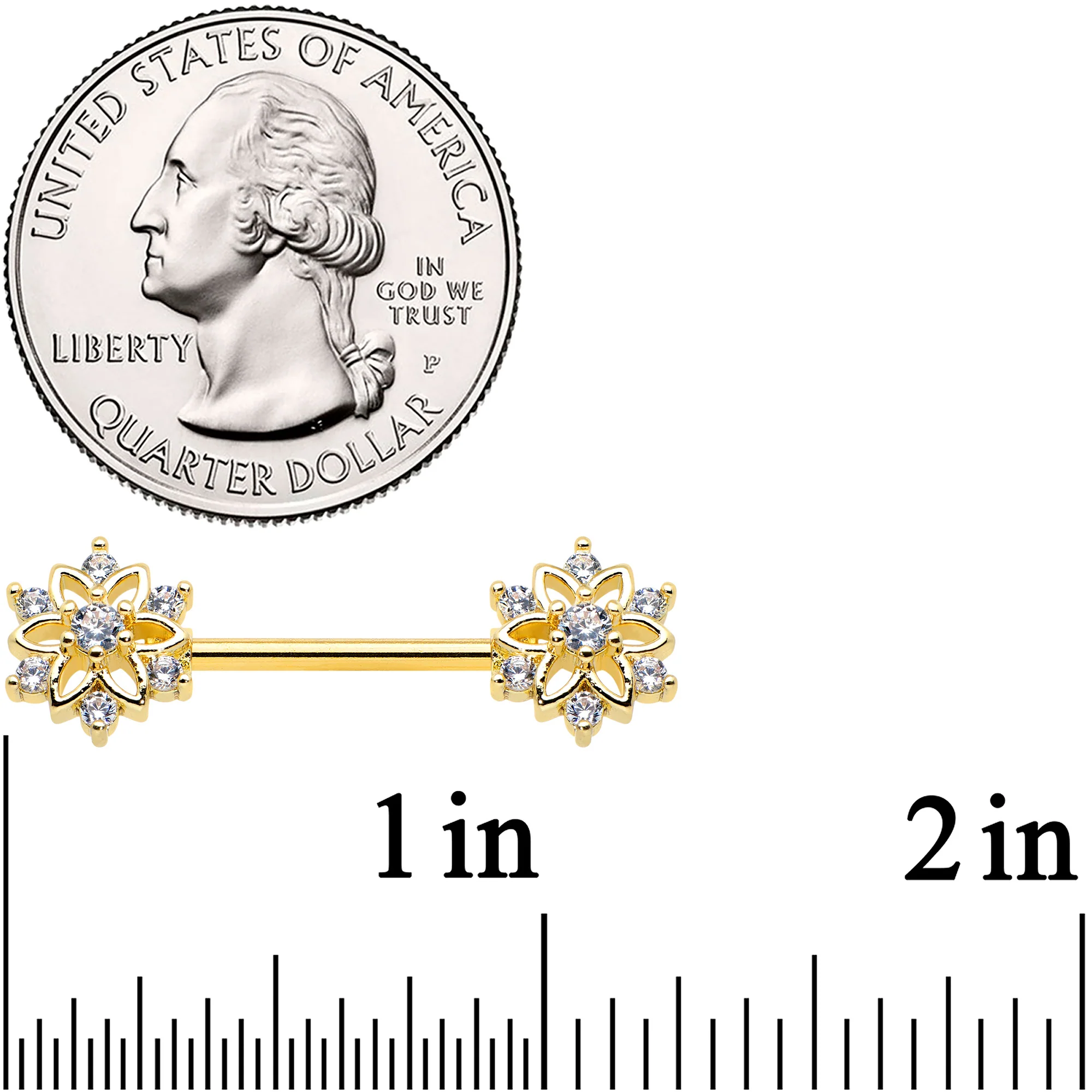 14G 9/16 Clear Gem Gold Tone Flower Snowflake Christmas Nipple Ring Set - Image 2