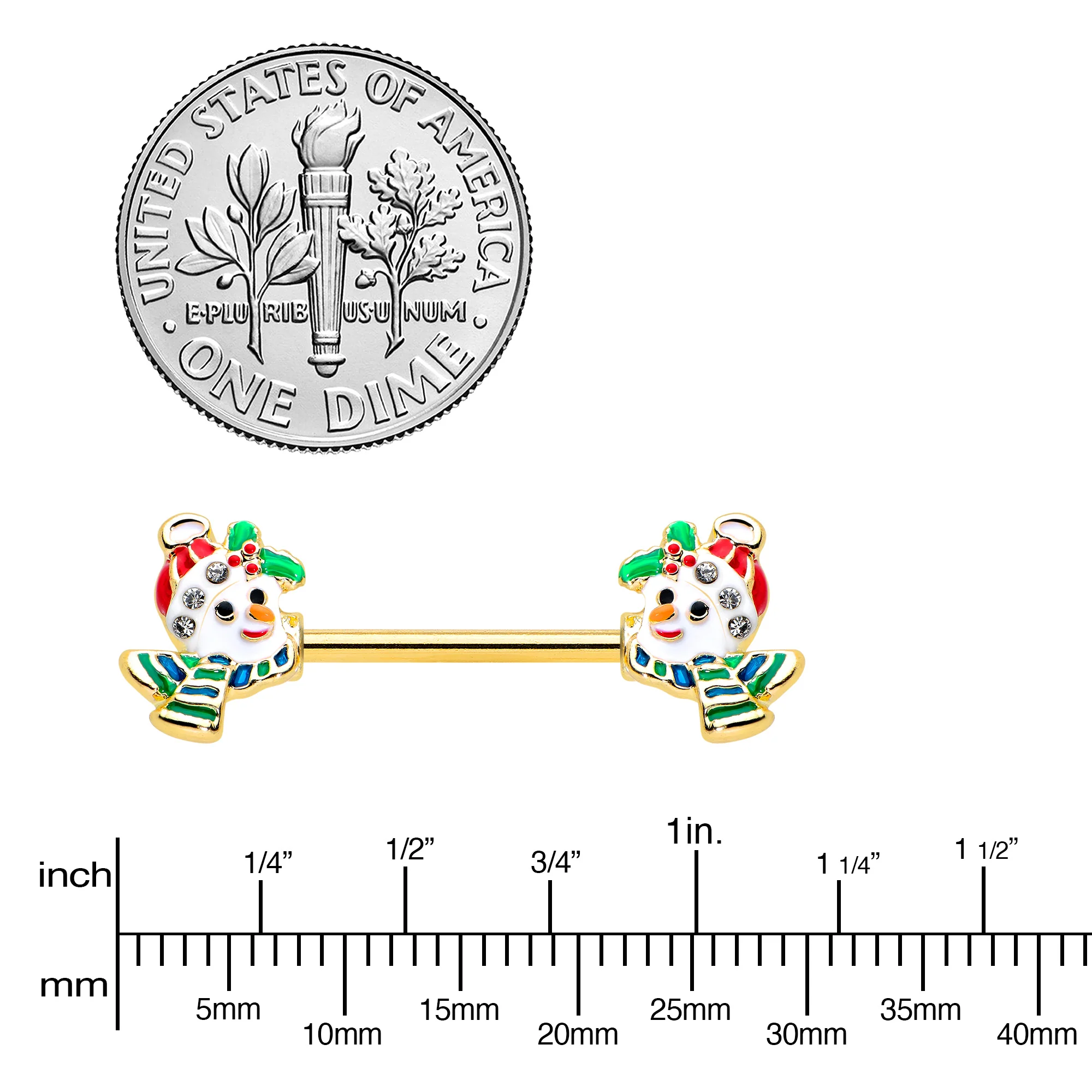 14G 9/16 Clear Gem Gold Tone Snowman Christmas Nipple Ring Set - Image 3