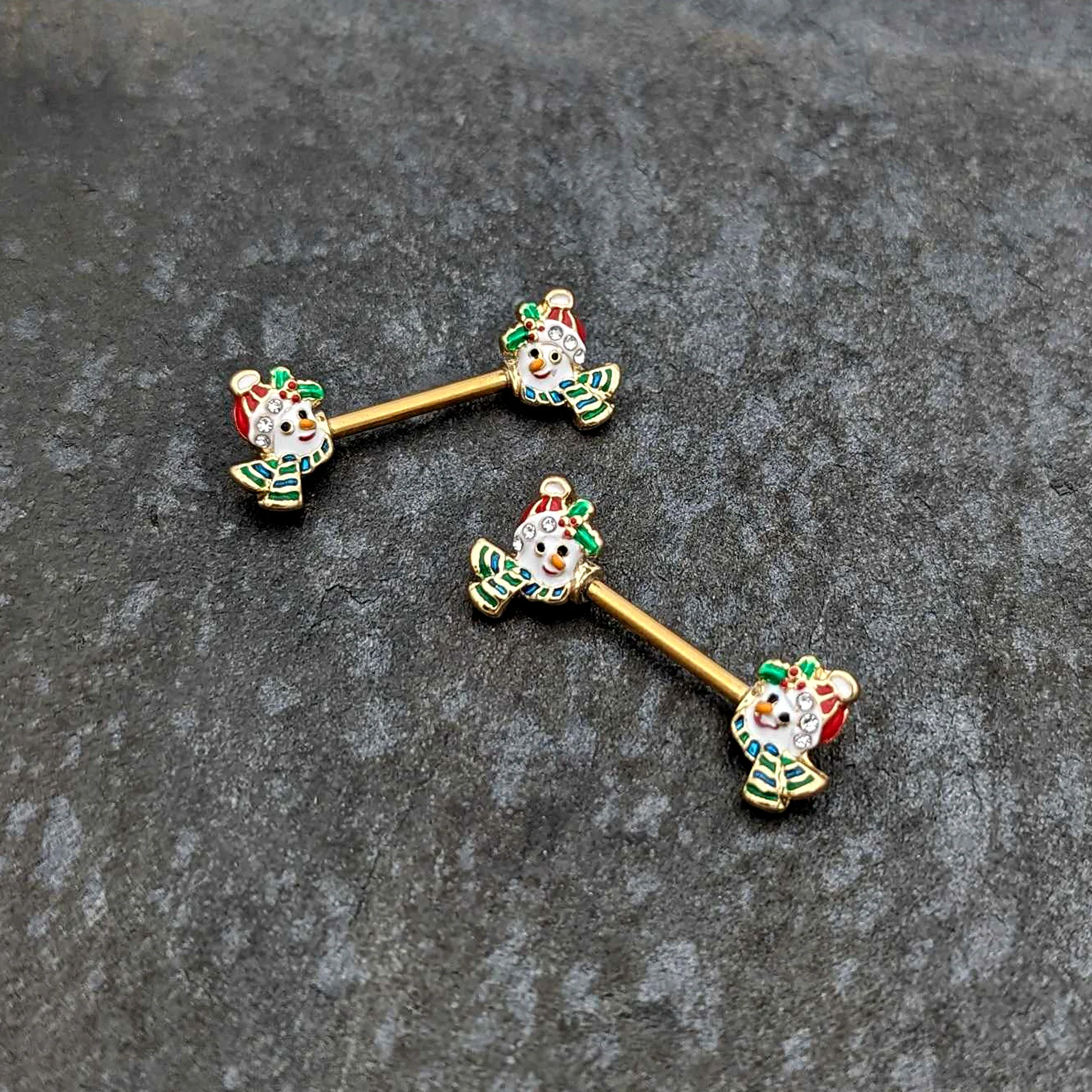14G 9/16 Clear Gem Gold Tone Snowman Christmas Nipple Ring Set - Image 4