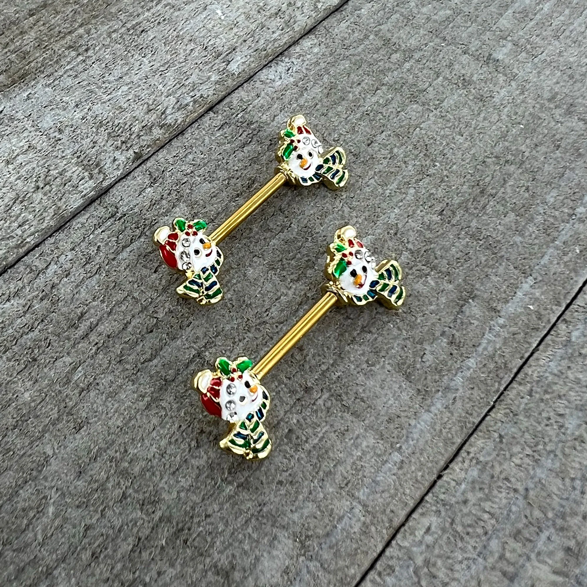 14G 9/16 Clear Gem Gold Tone Snowman Christmas Nipple Ring Set - Image 6