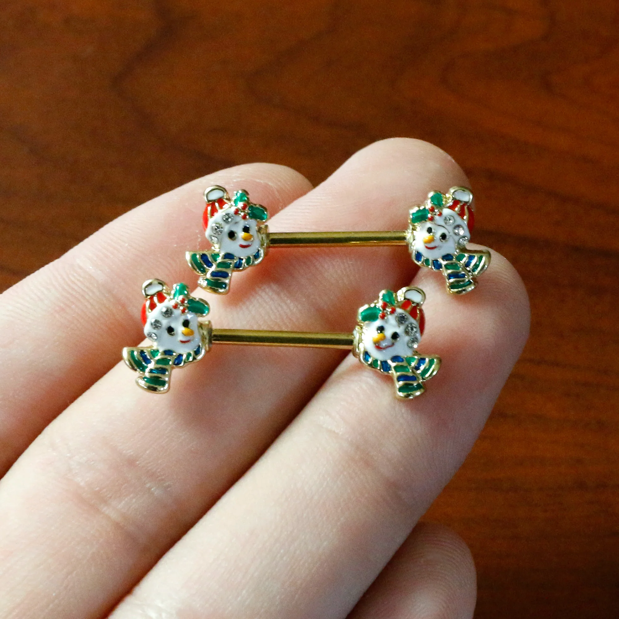 14G 9/16 Clear Gem Gold Tone Snowman Christmas Nipple Ring Set - Image 7