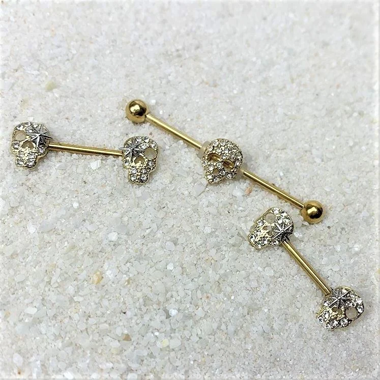 14G 9/16 Clear Gem Gold Tone Star Skull Barbell Nipple Ring Set - Image 3