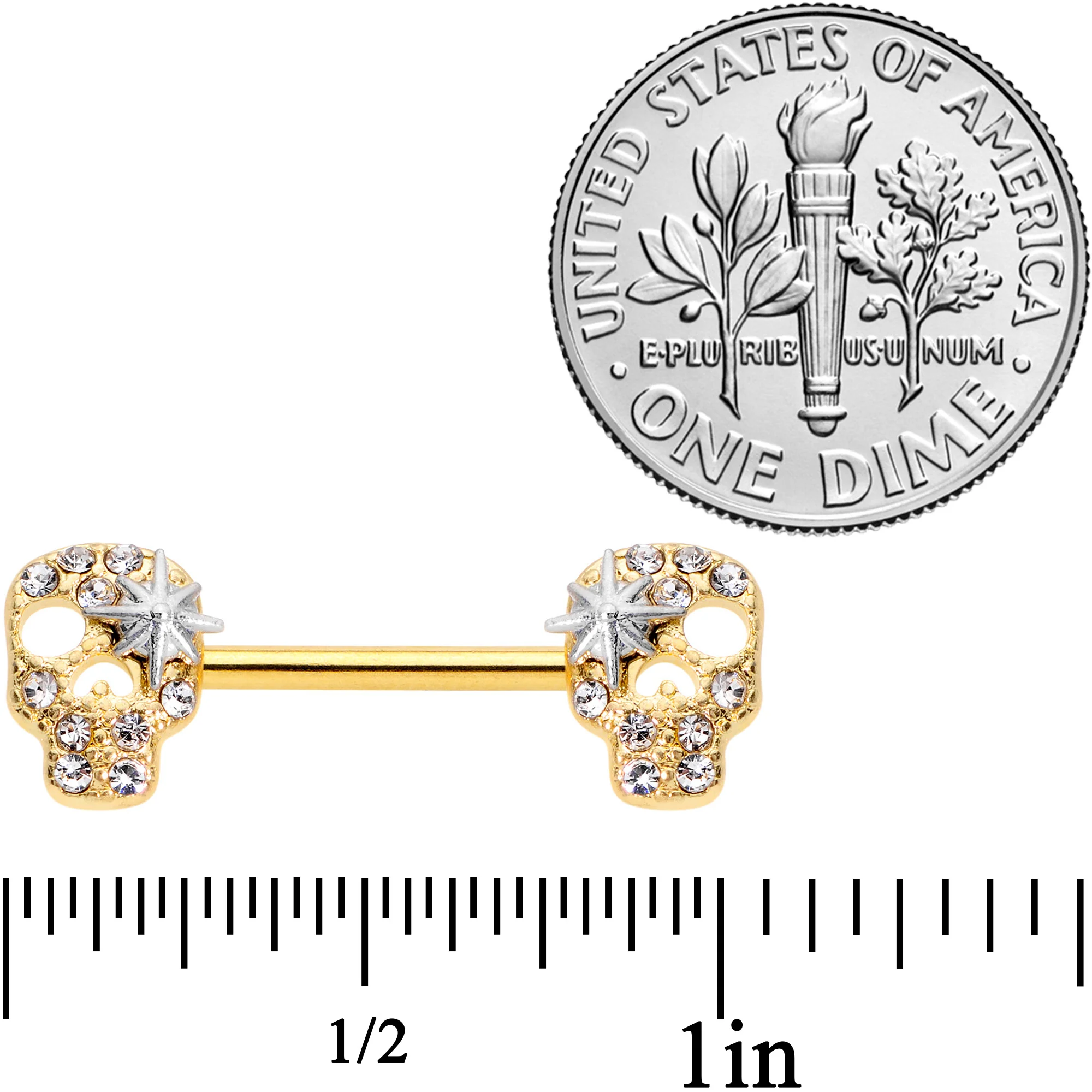 14G 9/16 Clear Gem Gold Tone Star Skull Barbell Nipple Ring Set - Image 4