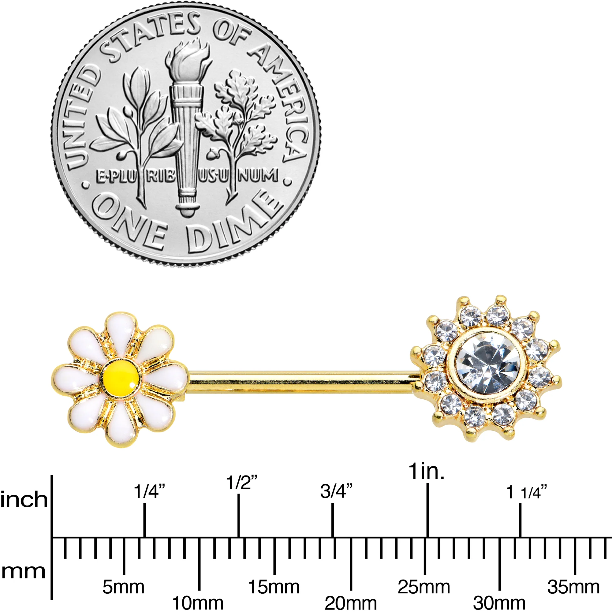 14G 9/16 Clear Gem Gold Tone Sun Daisy Flower Nipple Ring Set - Image 3