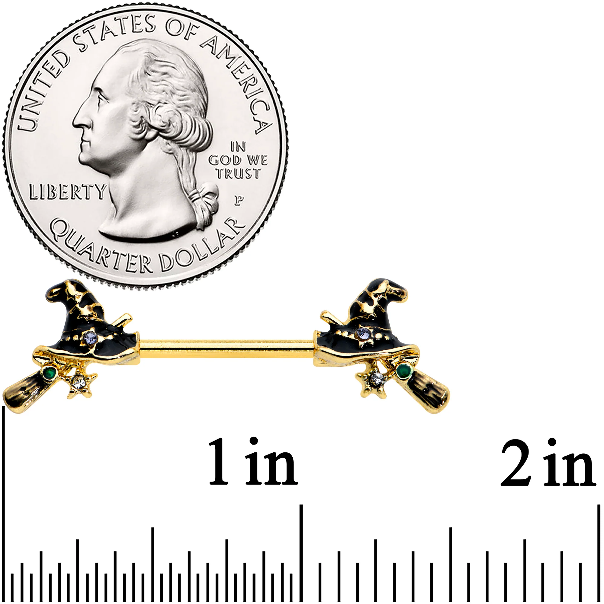 14G 9/16 Clear Gem Gold Tone Witch Hat Broom Nipple Ring Set - Image 3