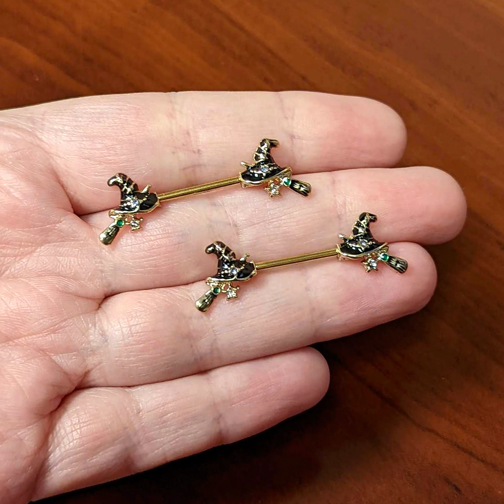 14G 9/16 Clear Gem Gold Tone Witch Hat Broom Nipple Ring Set - Image 4
