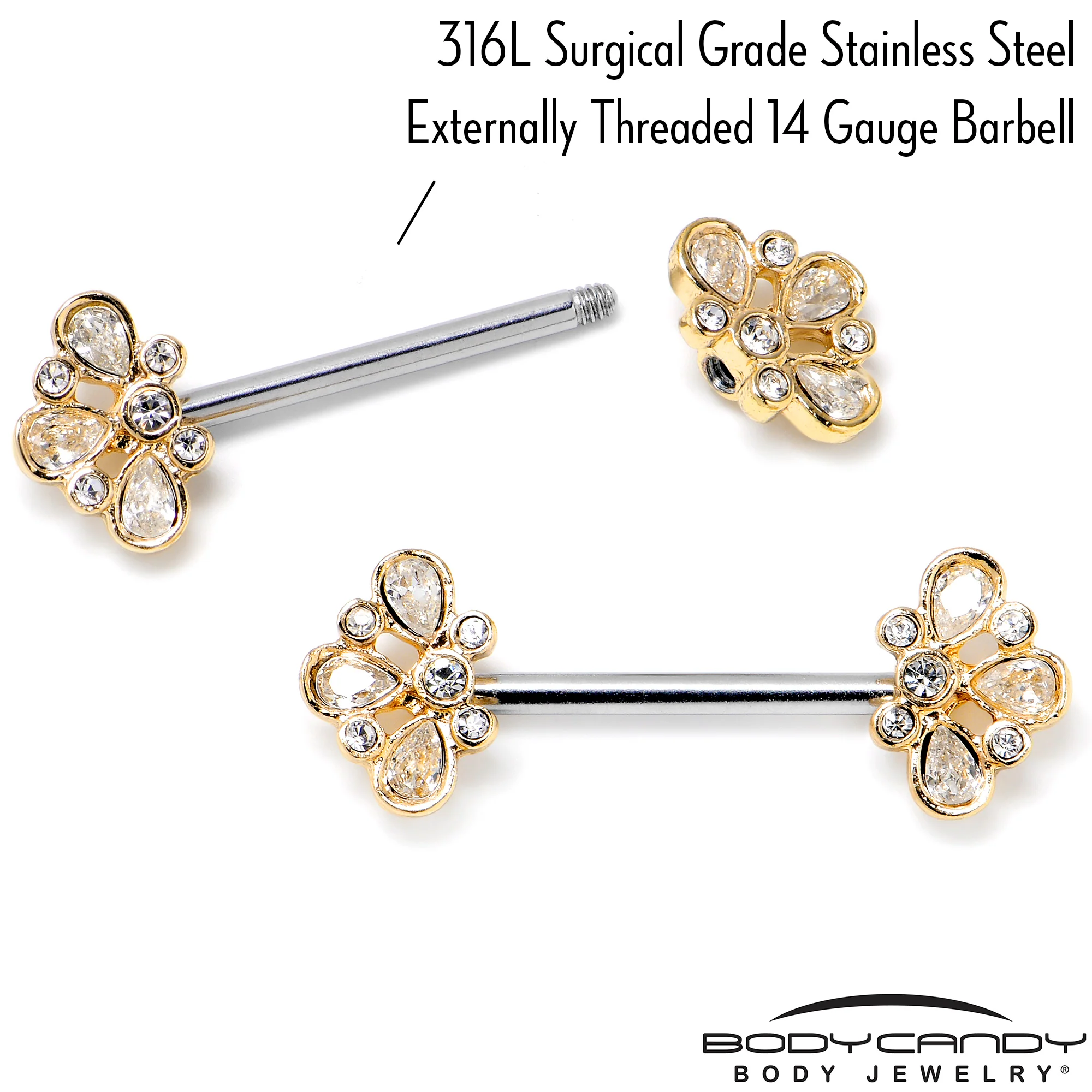14G 9/16 Clear Gem Golden Crown Deluxe Barbell Nipple Ring Set - Image 3