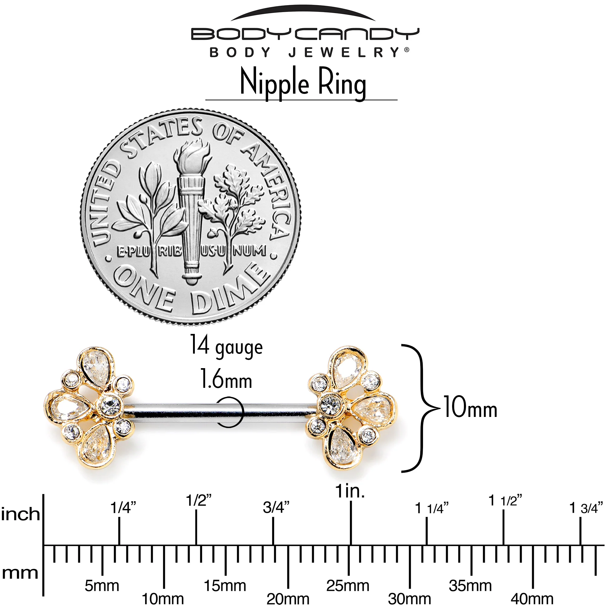 14G 9/16 Clear Gem Golden Crown Deluxe Barbell Nipple Ring Set - Image 4