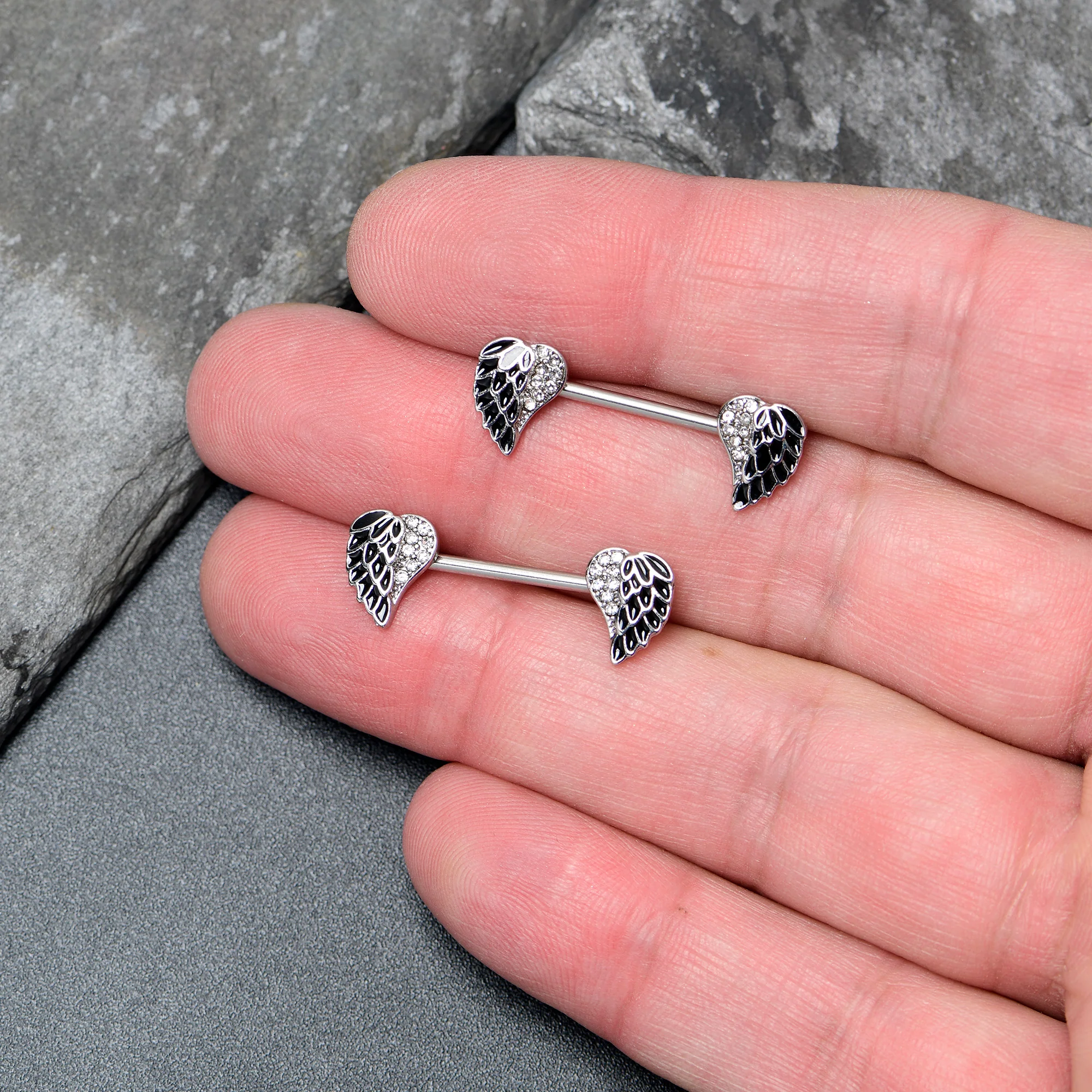 14G 9/16 Clear Gem Heavenly Heart Angel Wing Black Nipple Ring Set - Image 2