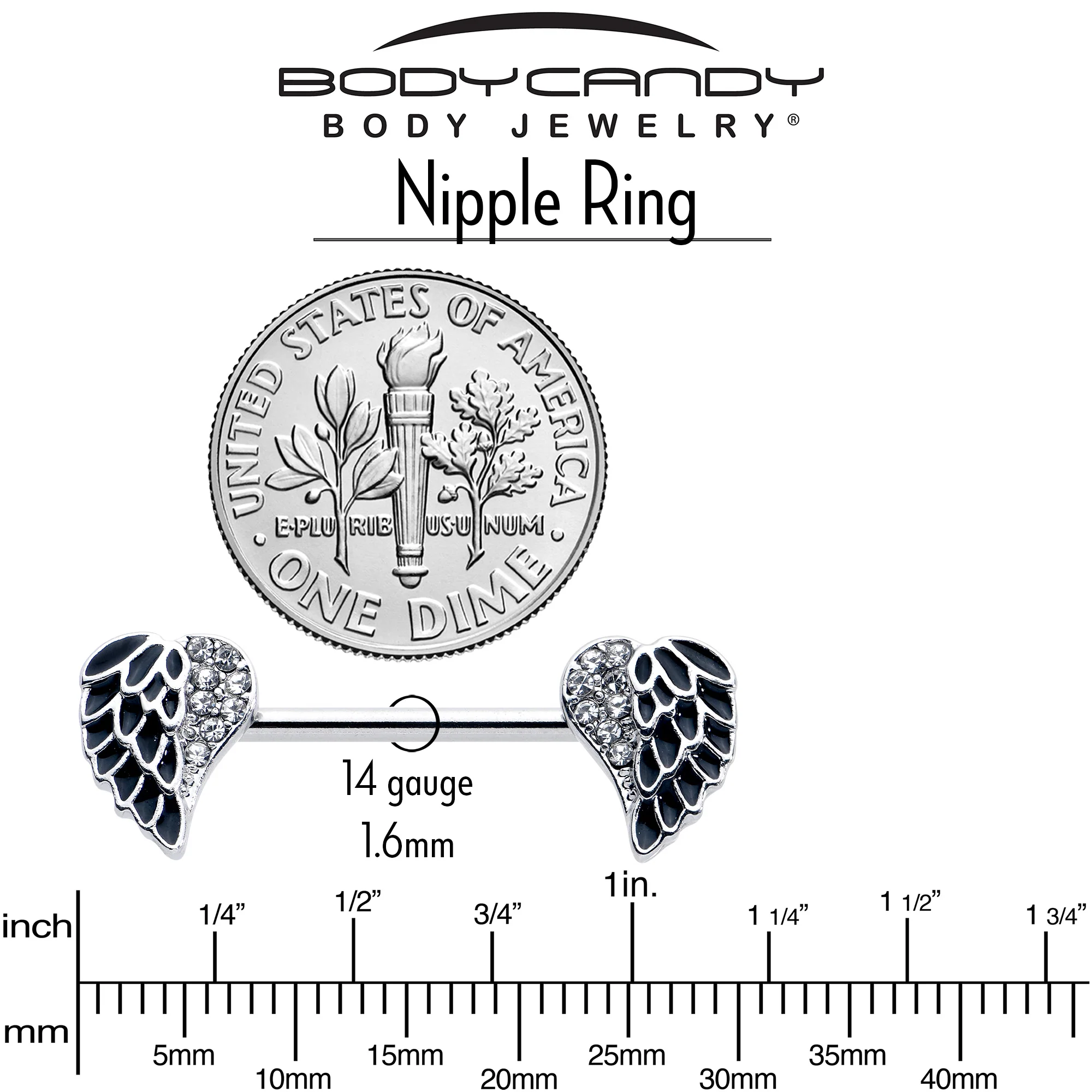 14G 9/16 Clear Gem Heavenly Heart Angel Wing Black Nipple Ring Set - Image 6