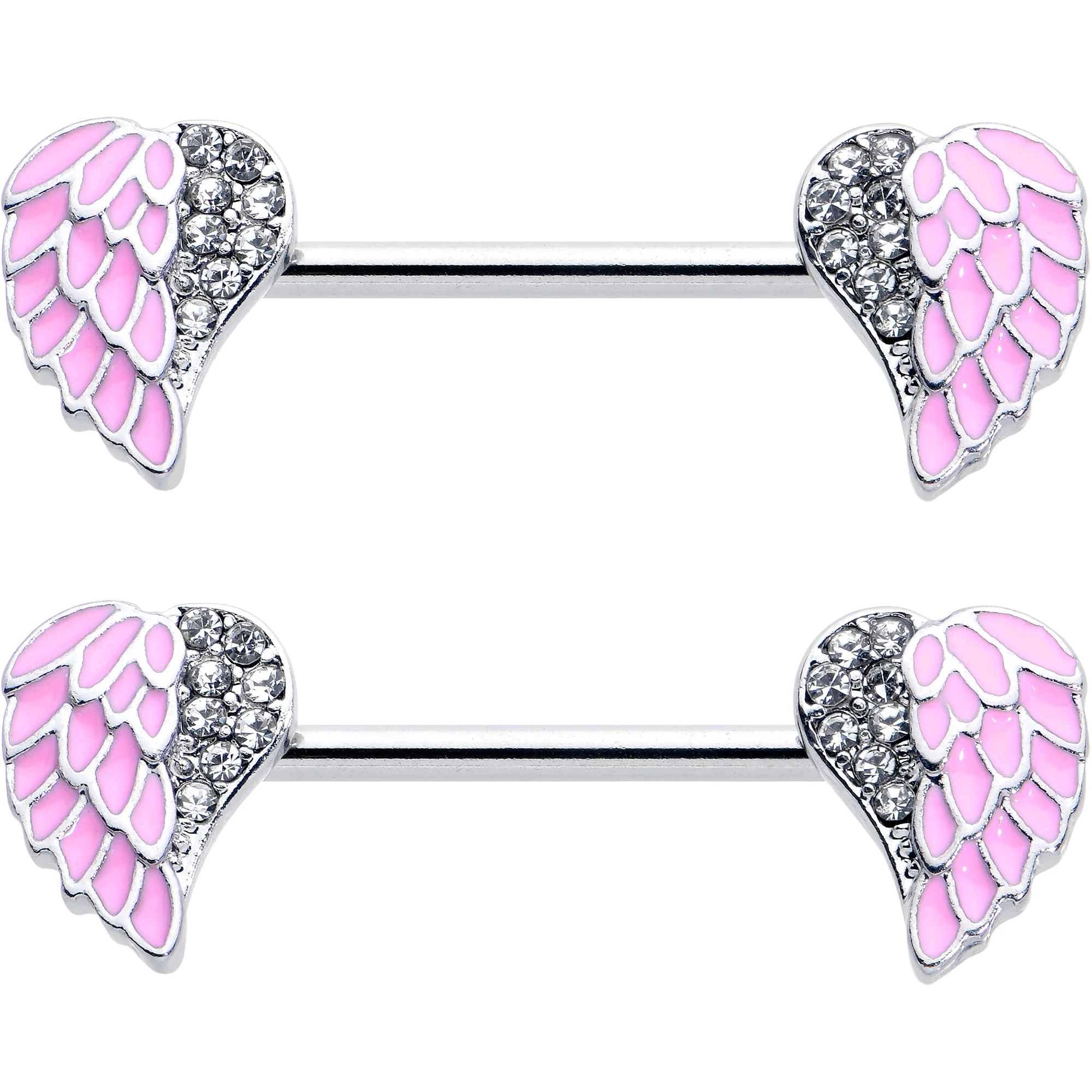 14G 9/16 Clear Gem Heavenly Heart Angel Wing Pink Nipple Ring Set - Image 2