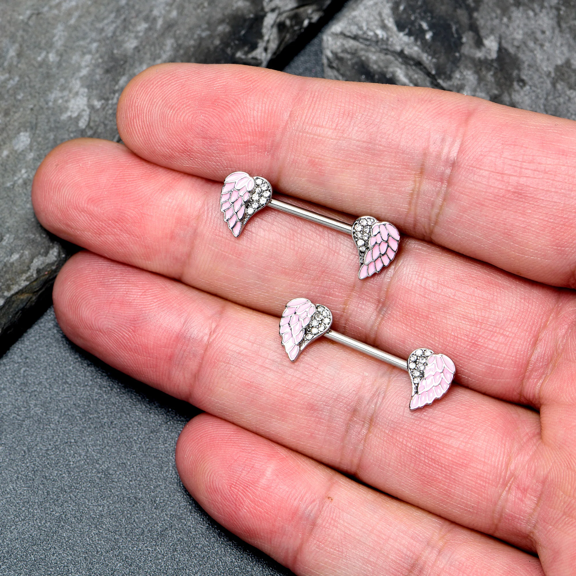 14G 9/16 Clear Gem Heavenly Heart Angel Wing Pink Nipple Ring Set - Image 3