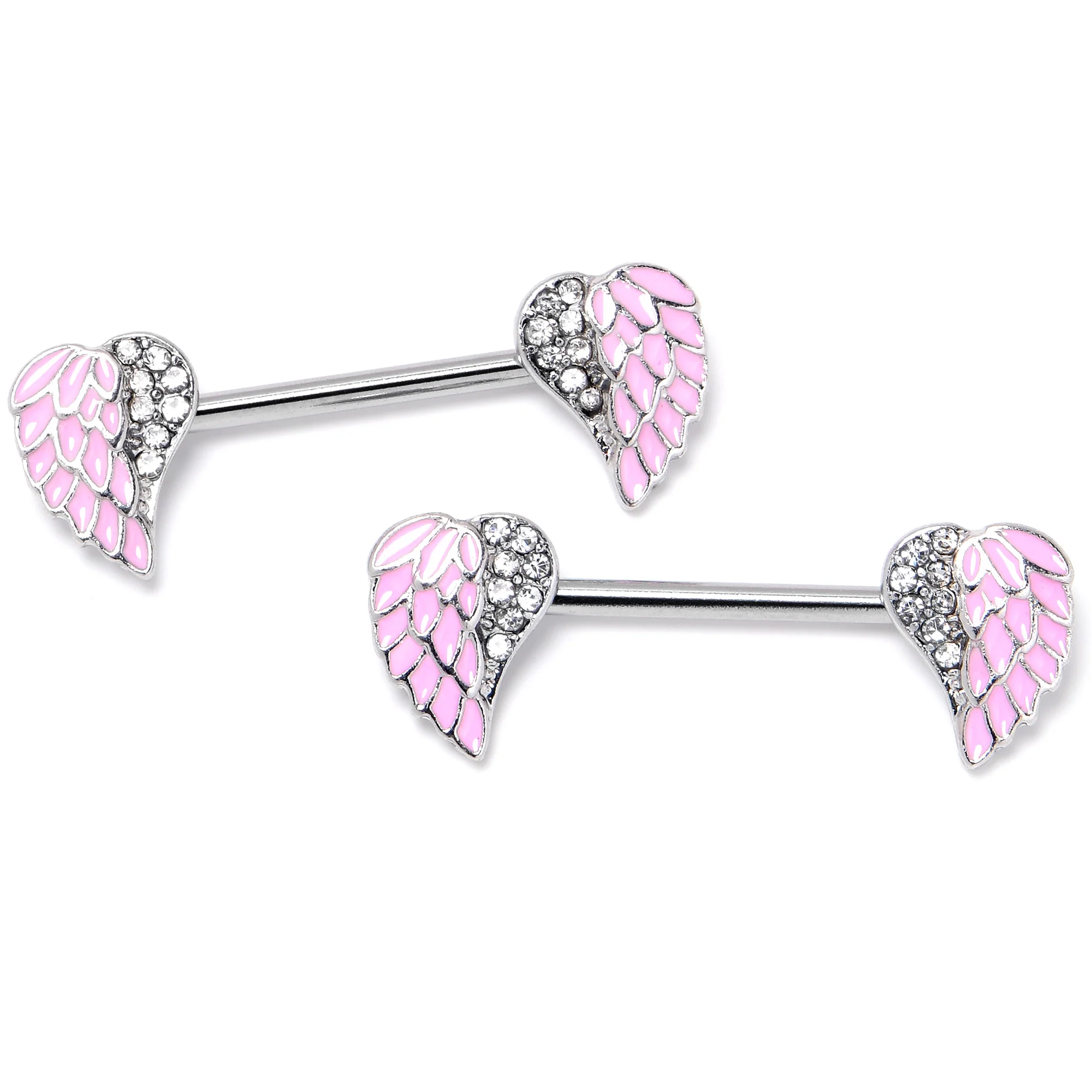 14G 9/16 Clear Gem Heavenly Heart Angel Wing Pink Nipple Ring Set - Image 4