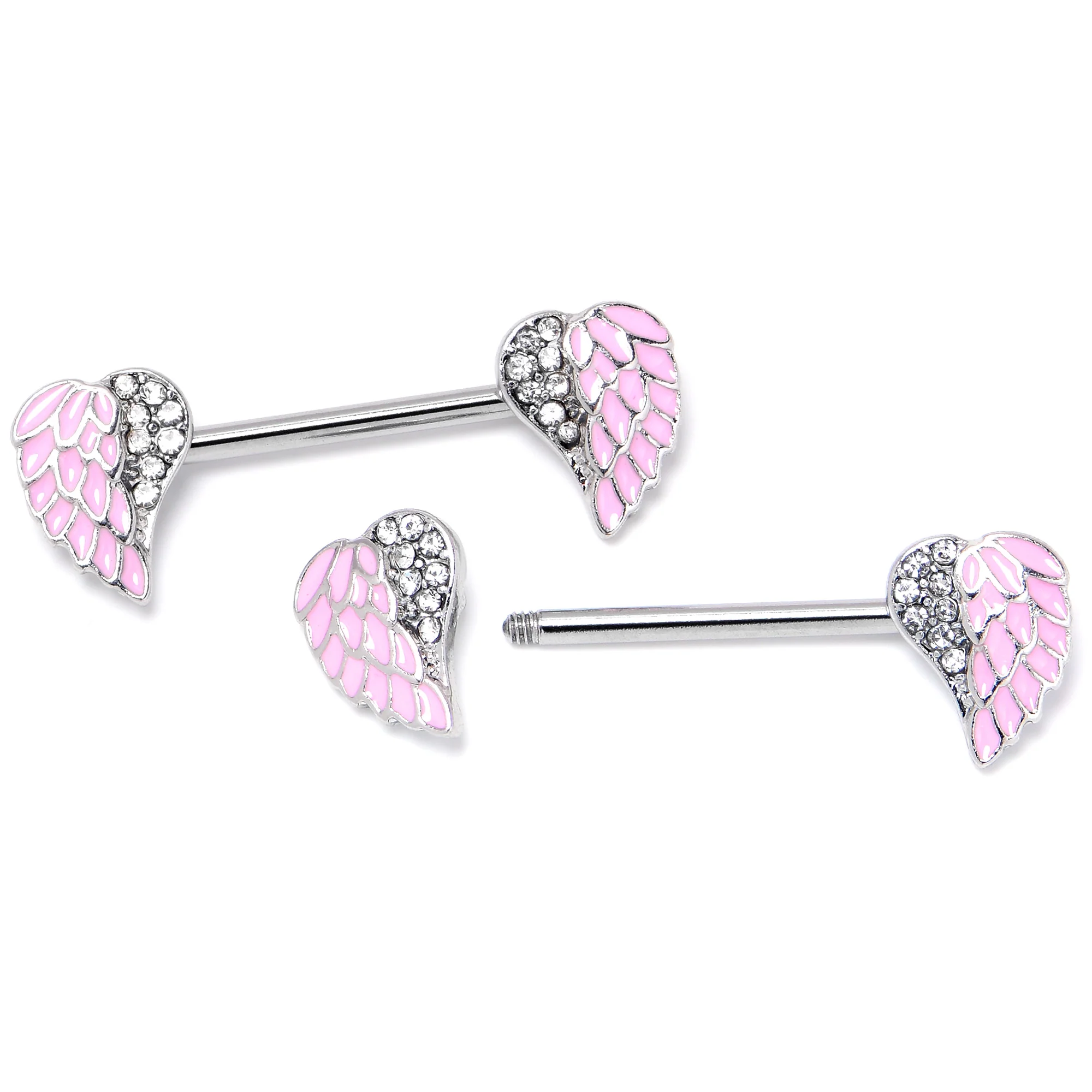 14G 9/16 Clear Gem Heavenly Heart Angel Wing Pink Nipple Ring Set - Image 5