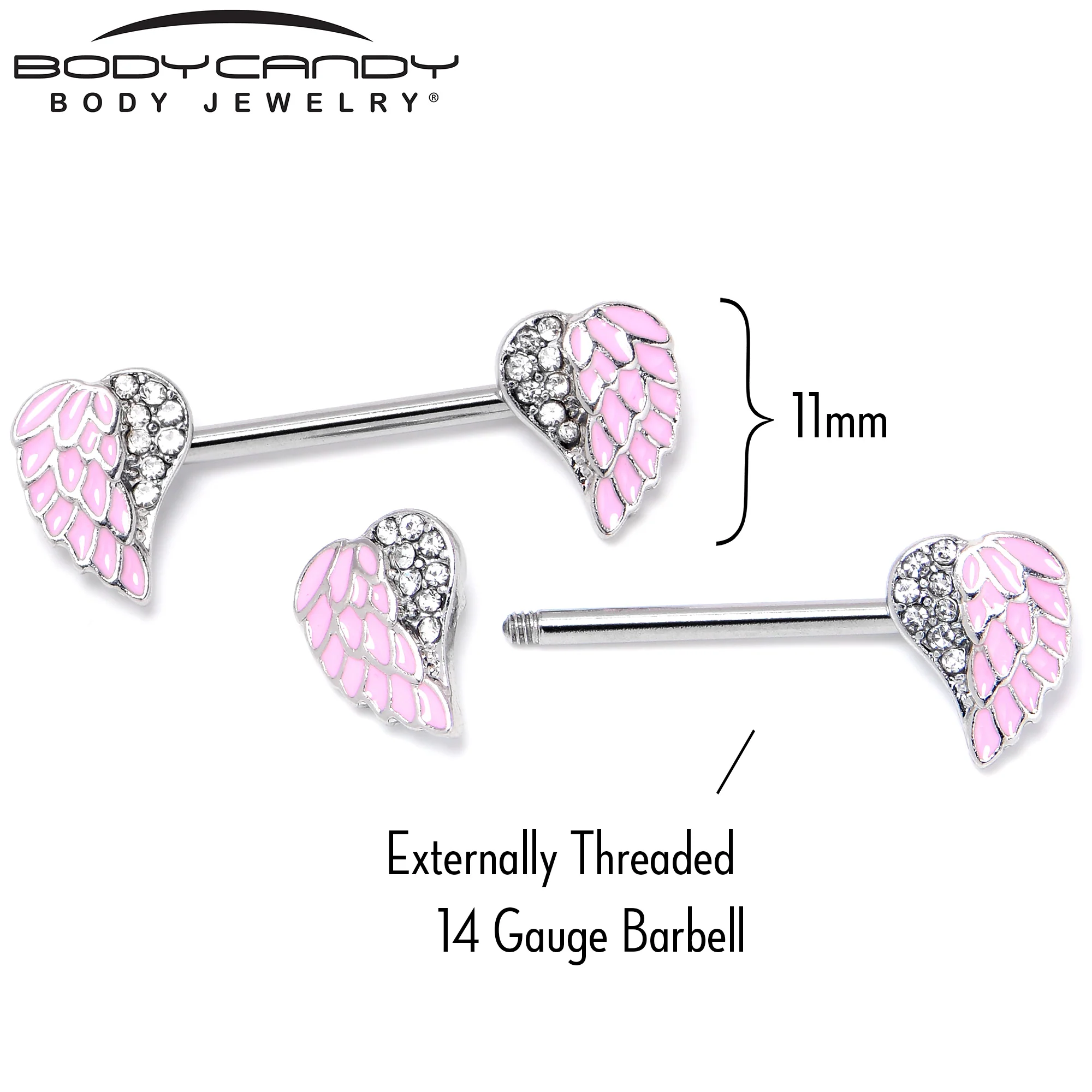 14G 9/16 Clear Gem Heavenly Heart Angel Wing Pink Nipple Ring Set - Image 6