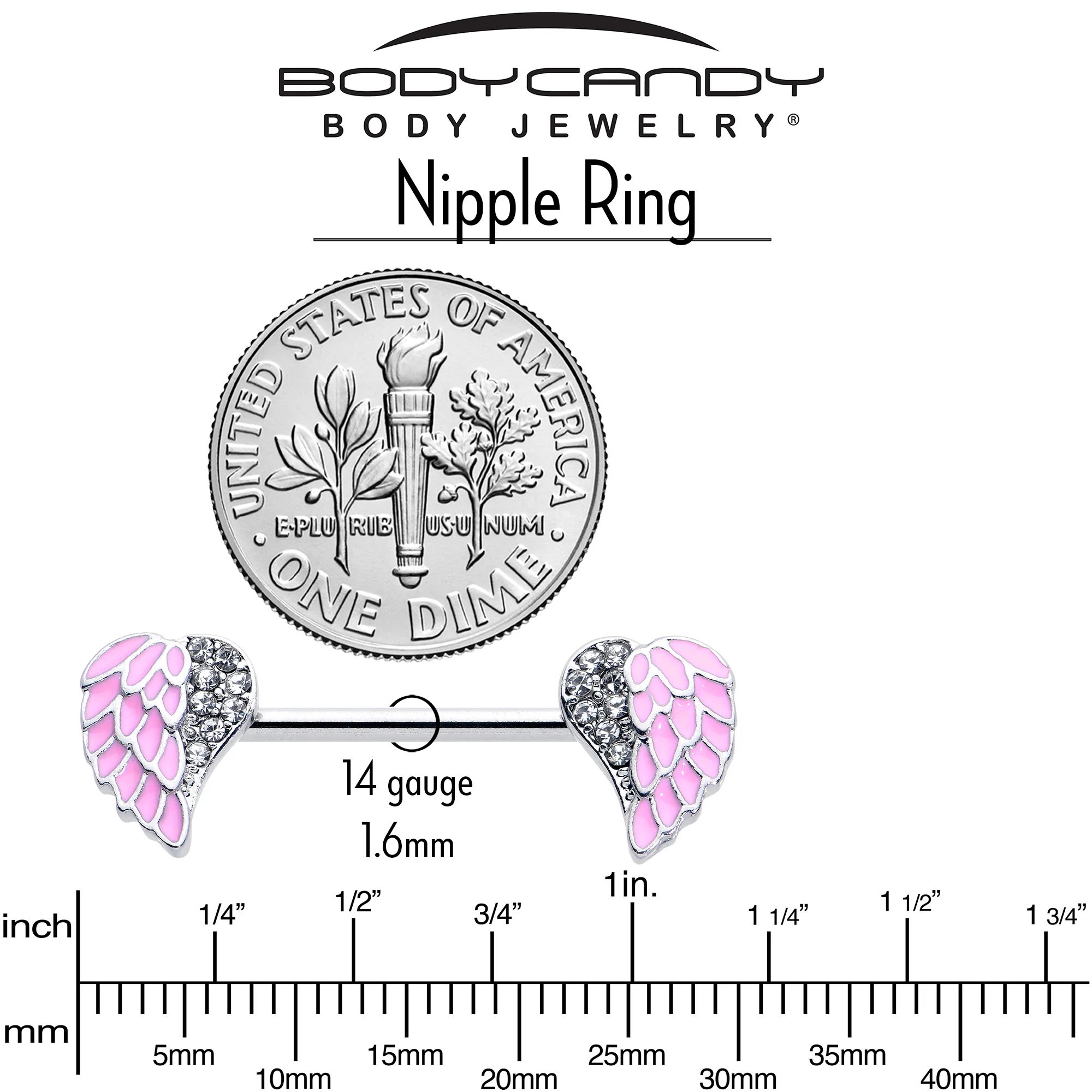 14G 9/16 Clear Gem Heavenly Heart Angel Wing Pink Nipple Ring Set - Image 7