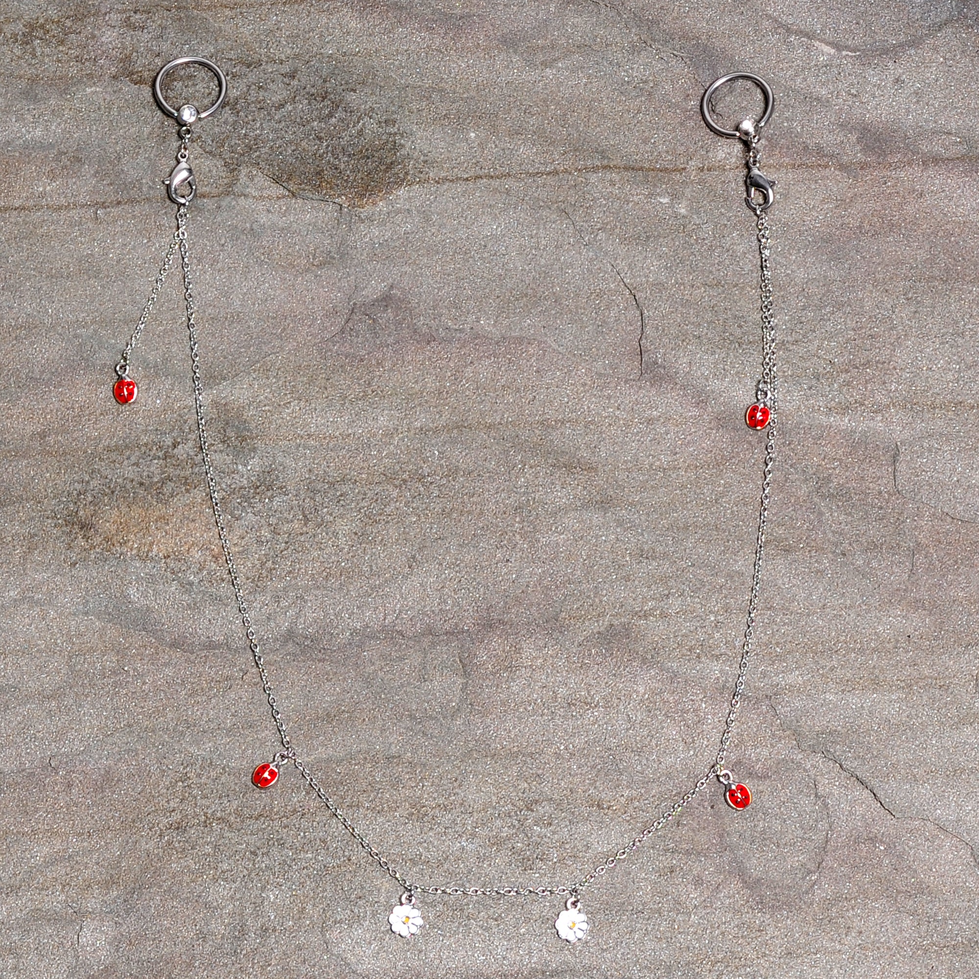14G 9/16 Clear Gem Ladybug BCR Captive Ring Dangle Nipple Chain - Image 3