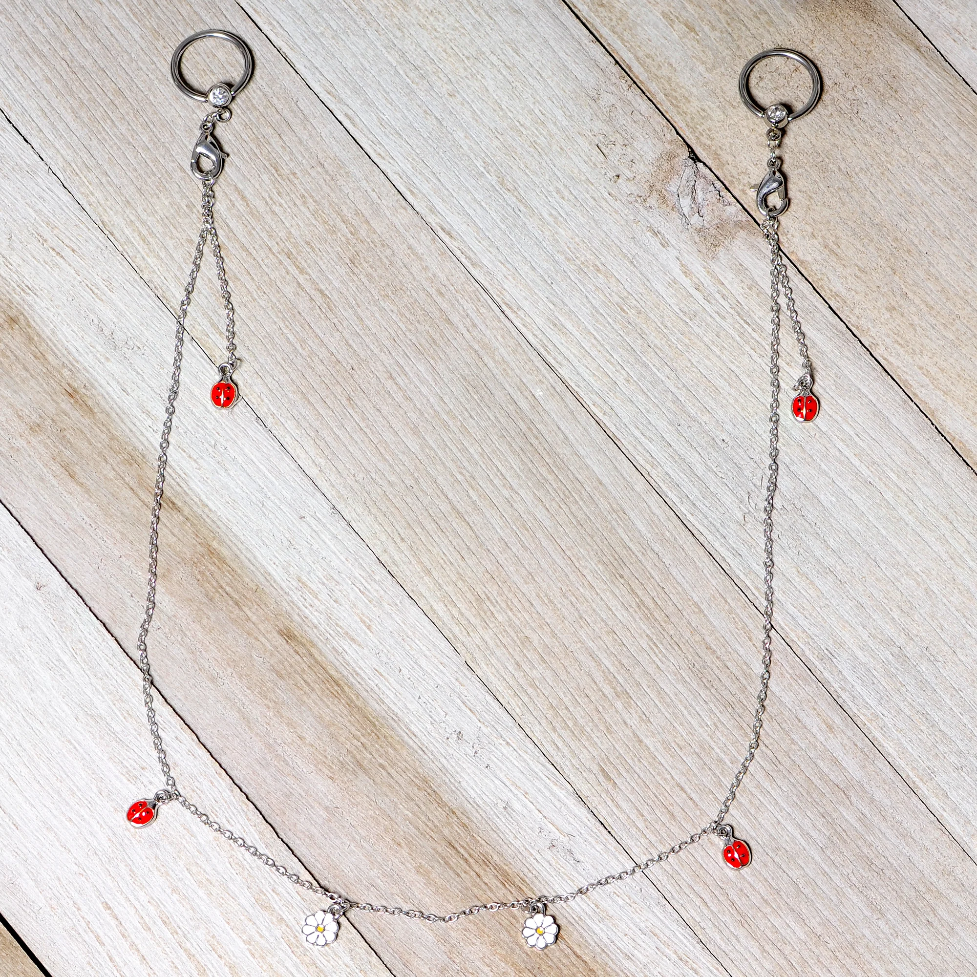 14G 9/16 Clear Gem Ladybug BCR Captive Ring Dangle Nipple Chain - Image 4
