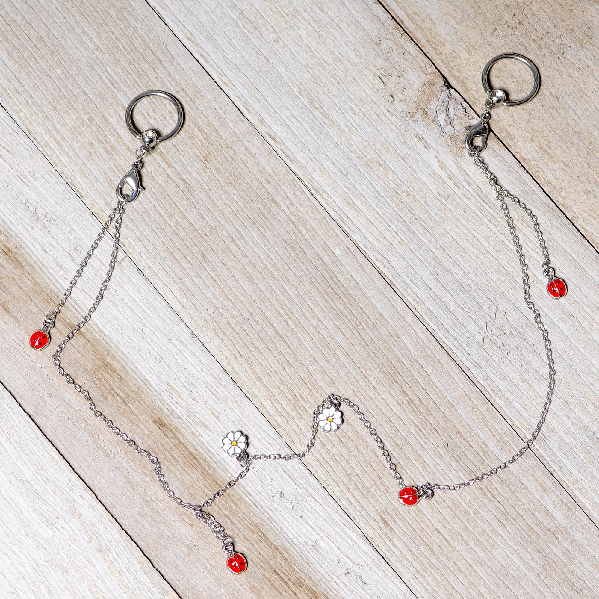 14G 9/16 Clear Gem Ladybug BCR Captive Ring Dangle Nipple Chain - Image 5
