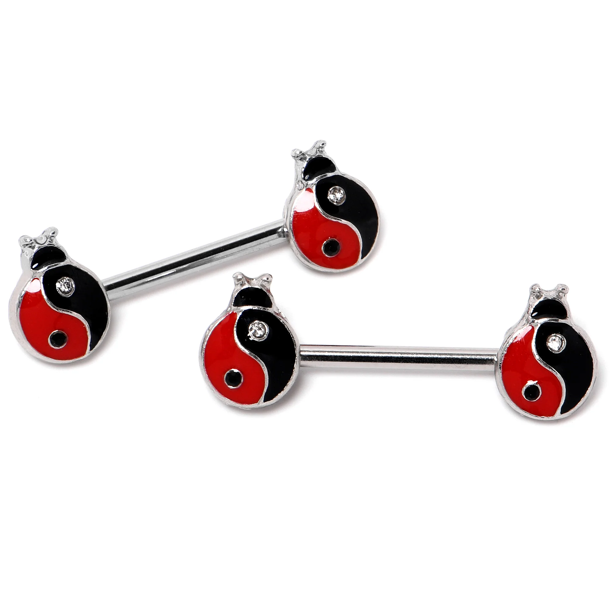 14G 9/16 Clear Gem Ladybug Yin Yang Barbell Nipple Ring Set - Image 3